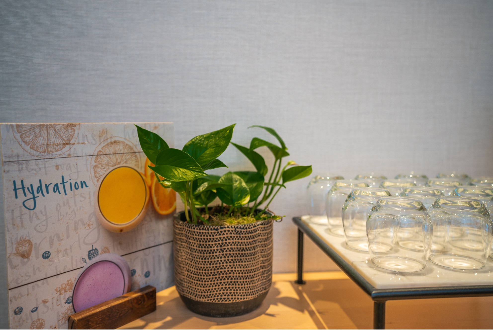 Hydration station with plant in Hilton Deansgate meeting rooms for events and wellness.