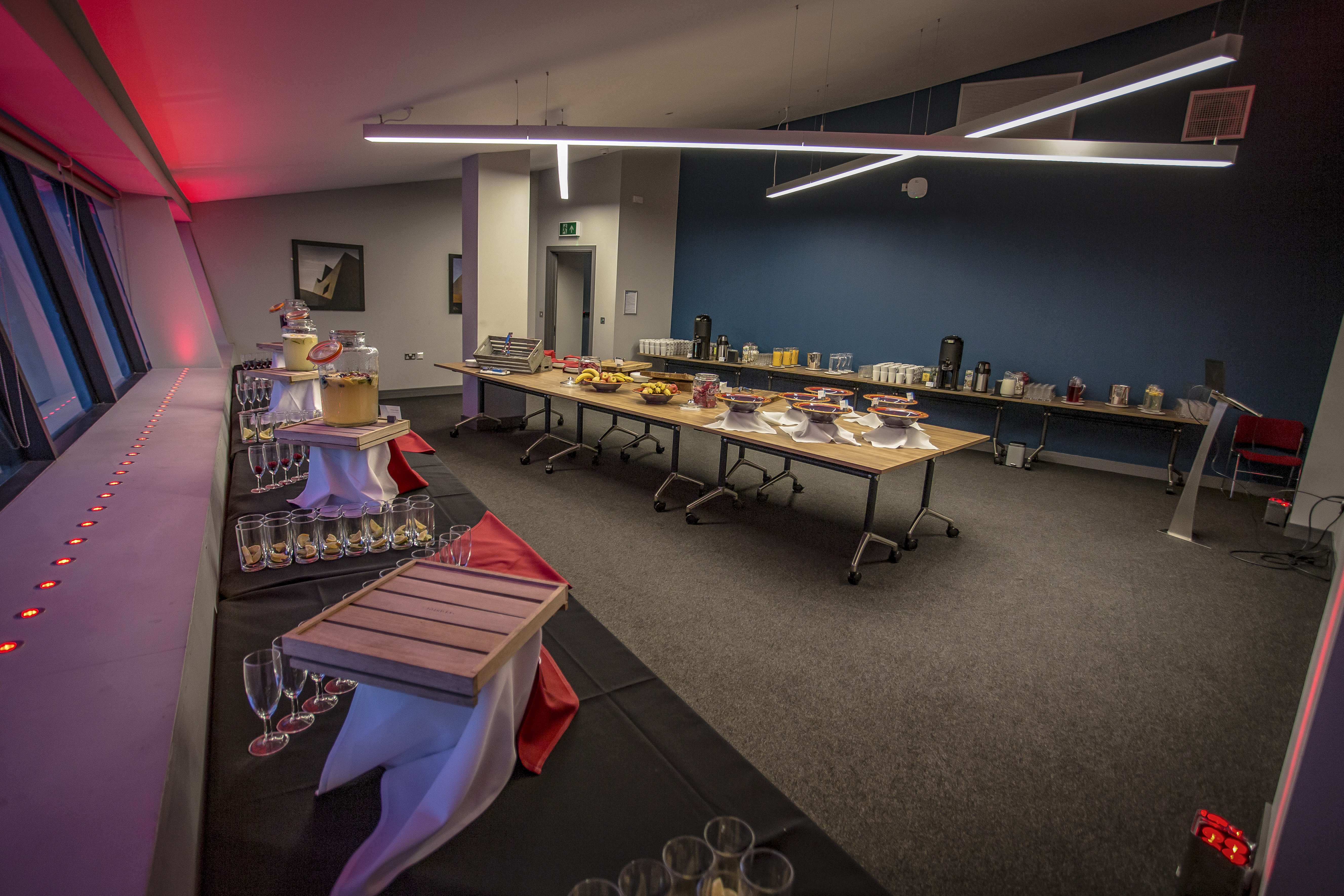 WaterShard 3 event space with buffet setup, ideal for networking and social gatherings.