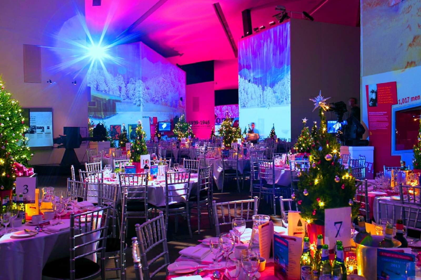 Main Exhibition Space at Imperial War Museum North, festive corporate holiday party setup.