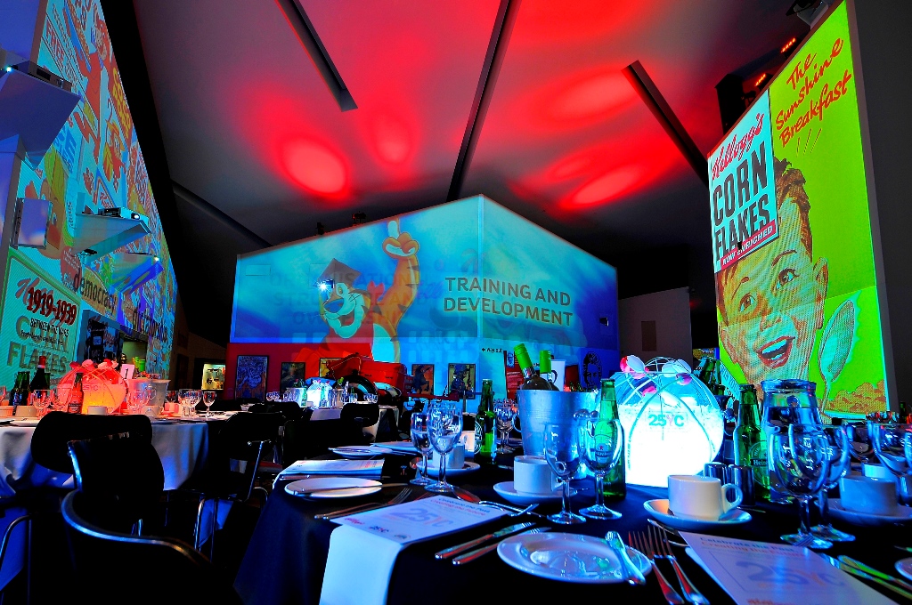 Main Exhibition Space at Imperial War Museum North, vibrant training event with dynamic projections.