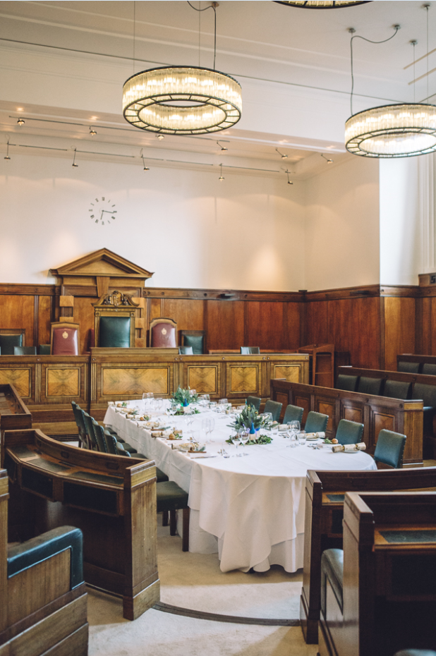 Council Chamber at Town Hall Hotel, elegant dining setup for corporate events.