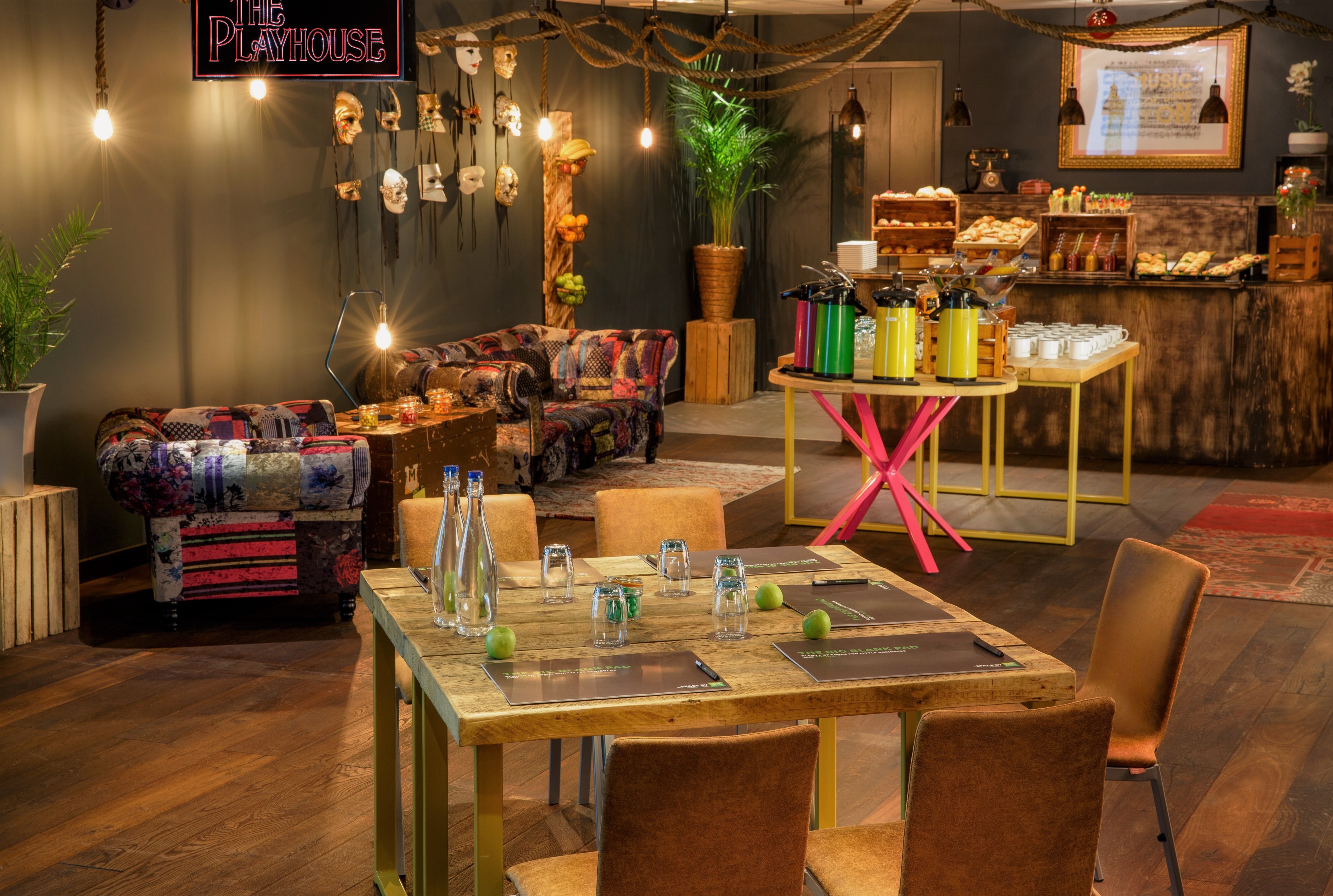 Event space in Ibis Styles Southwark with eclectic seating for meetings and gatherings.