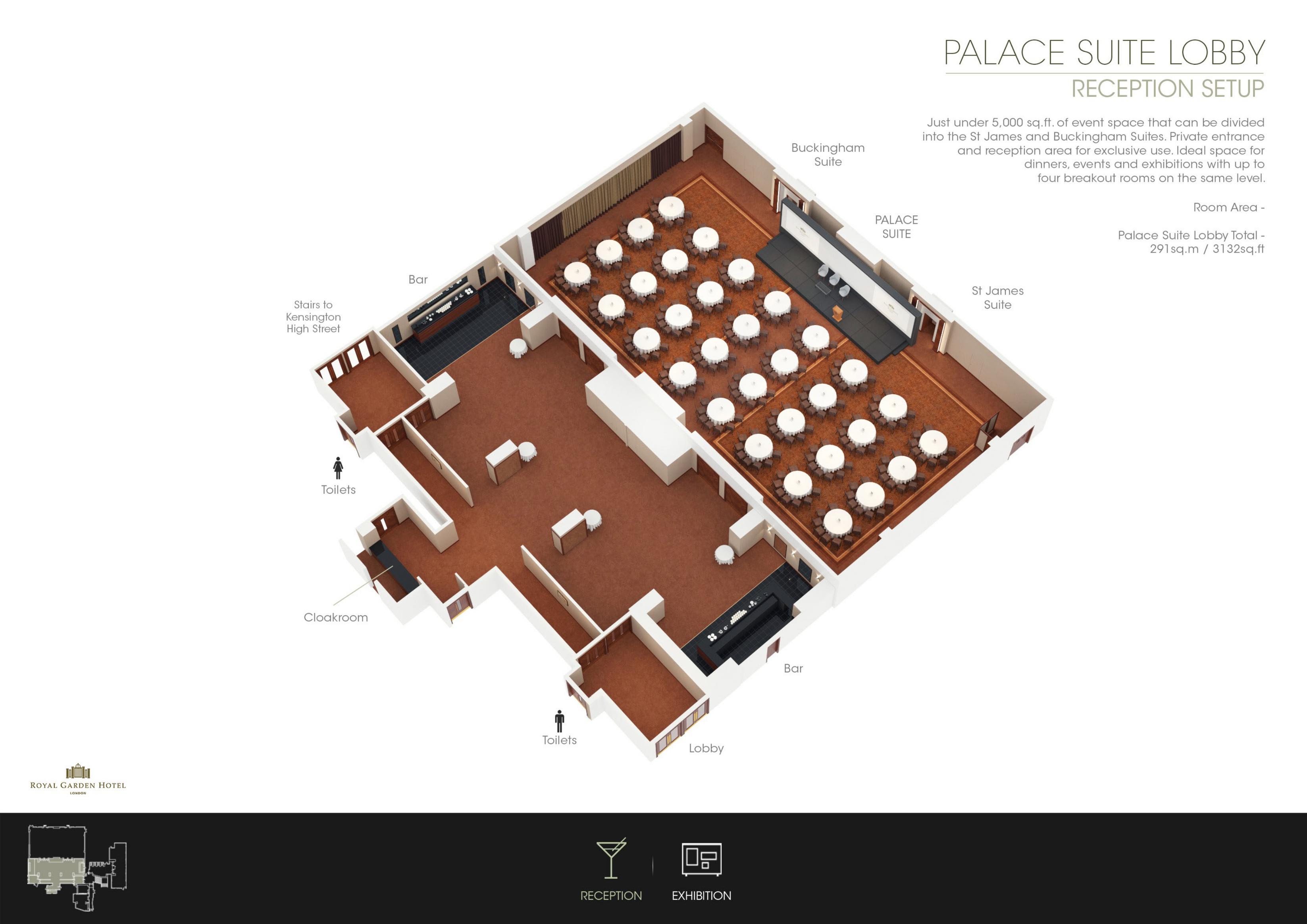 Palace Suite floor plan at Royal Garden Hotel for events with dining setup and accessibility.
