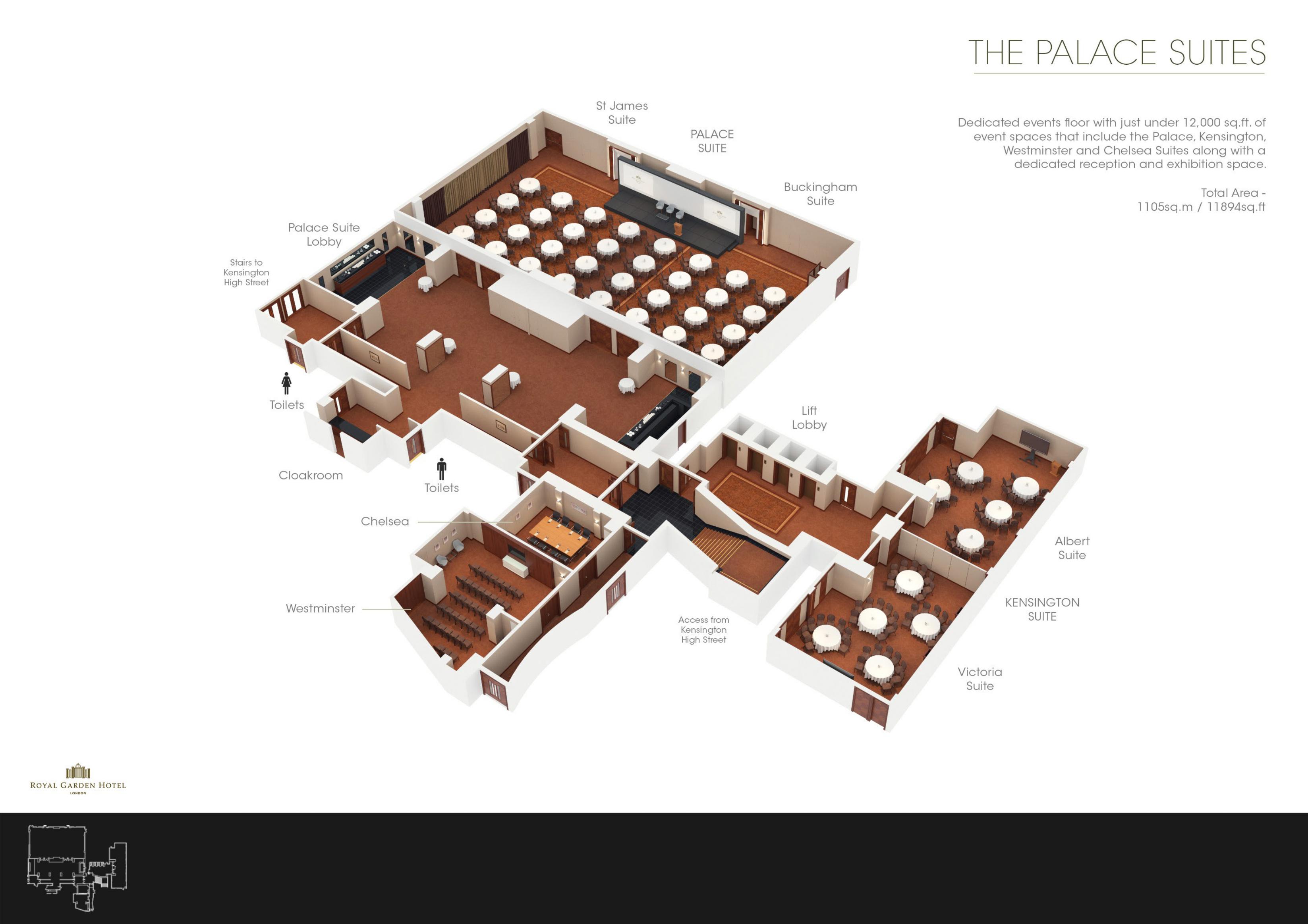 Palace Suite floor plan at Royal Garden Hotel for meetings and conferences.