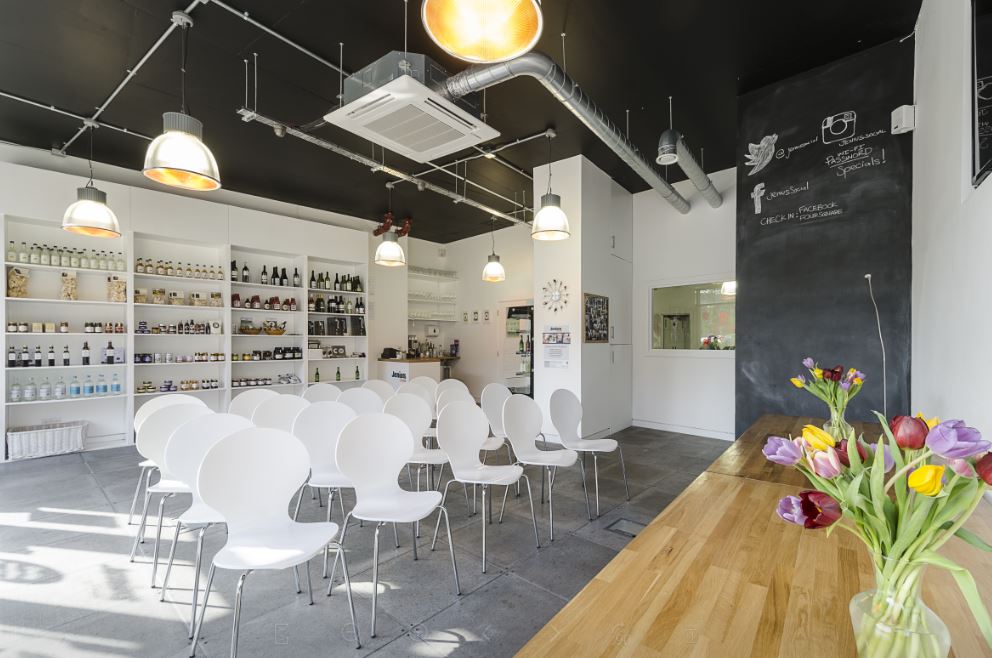 Modern event space at Jenius Social with flexible seating for workshops and gatherings.