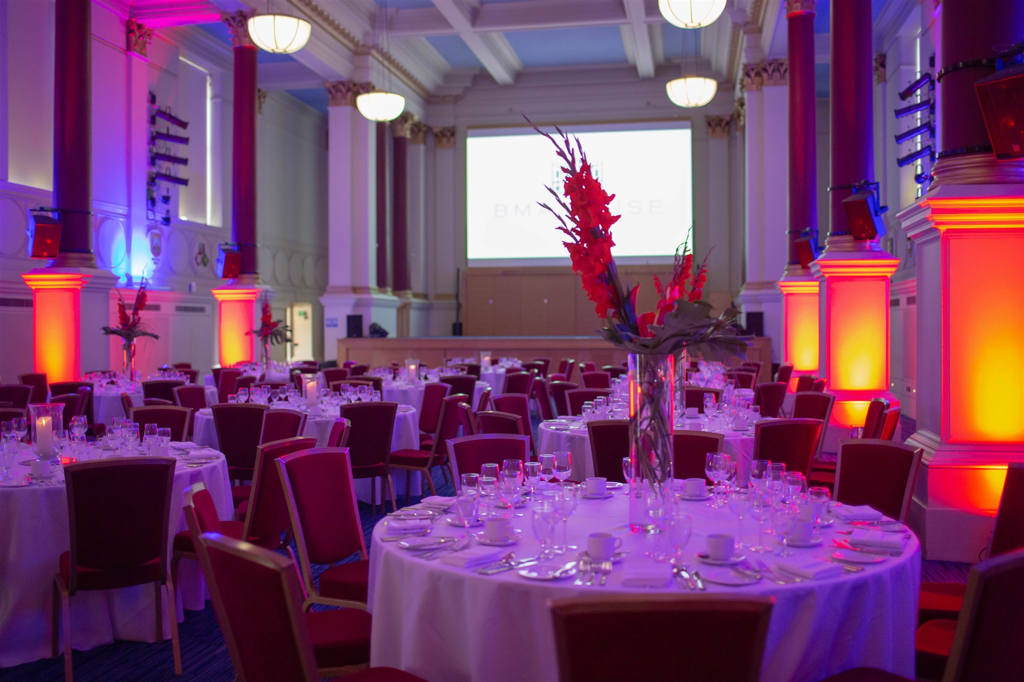 Great Hall in BMA House, elegant banquet setup for corporate events and gatherings.