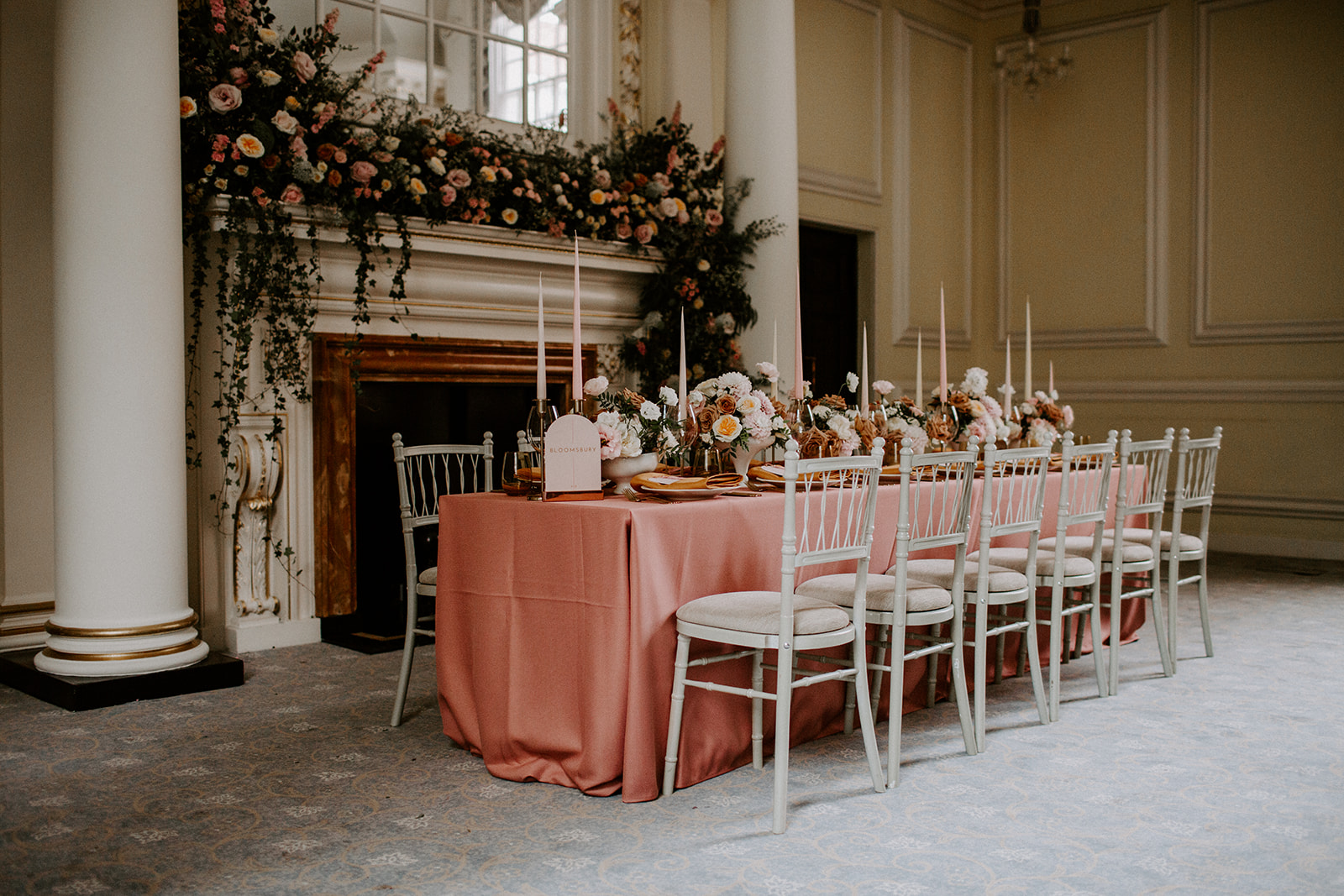 Elegant event space in Prince's Room, BMA House with pink tablecloth and floral decor.