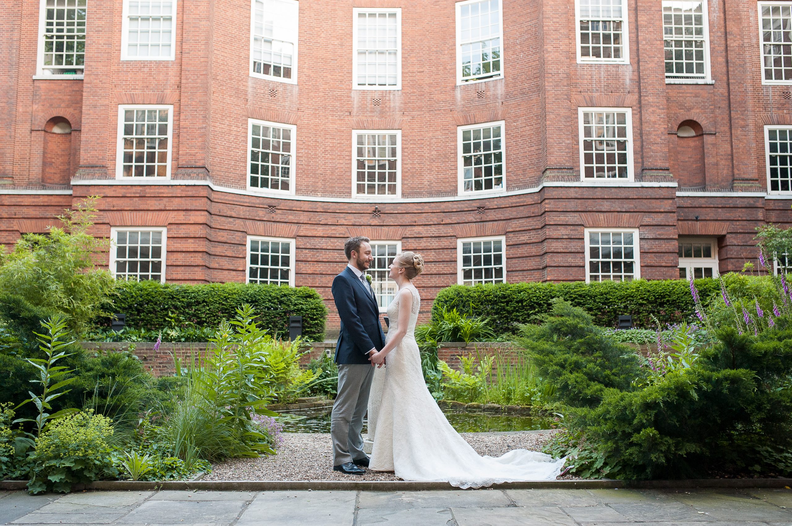 BMA House Garden wedding, historic brick, serene water