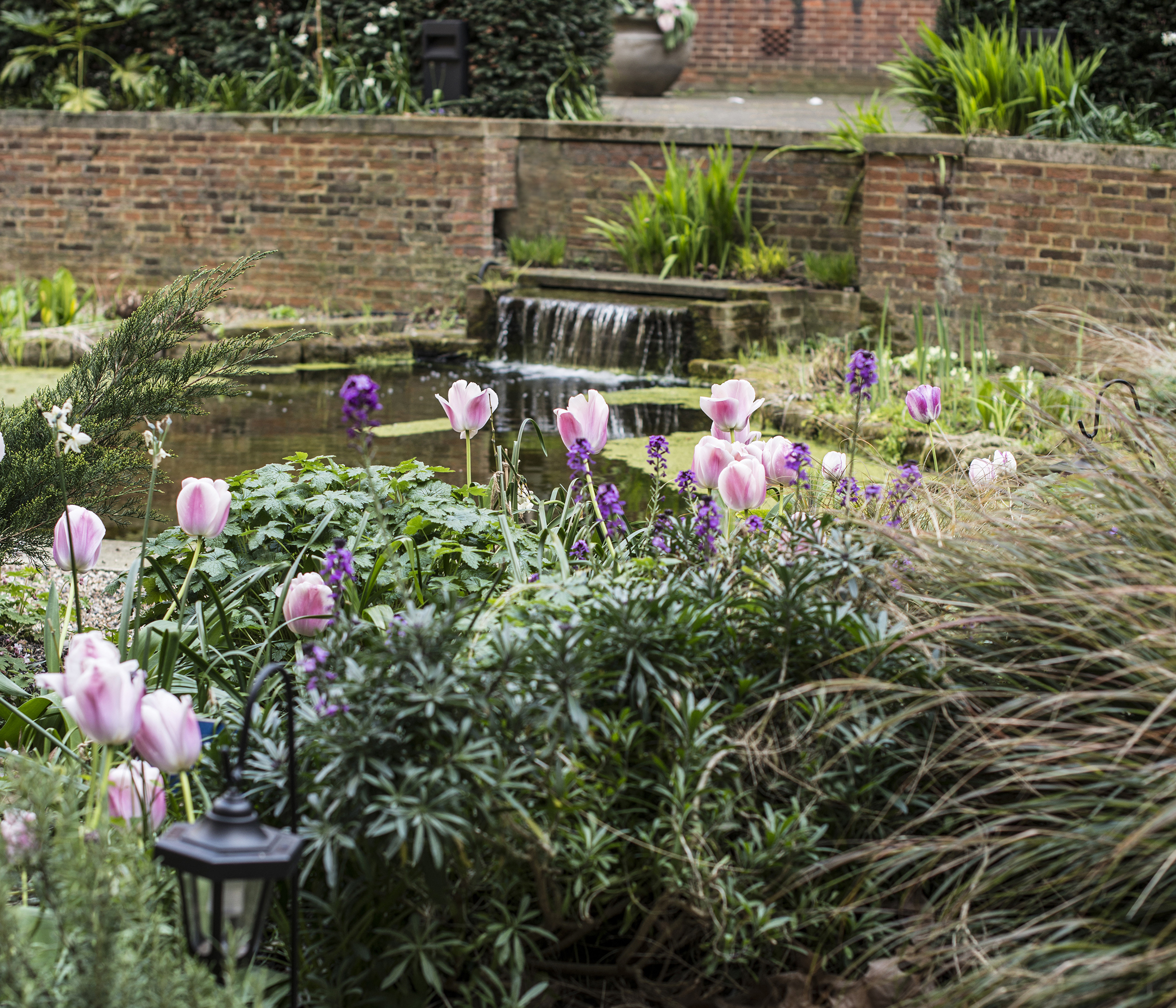 Serene garden with vibrant flowers and waterfall, ideal for outdoor events and receptions.