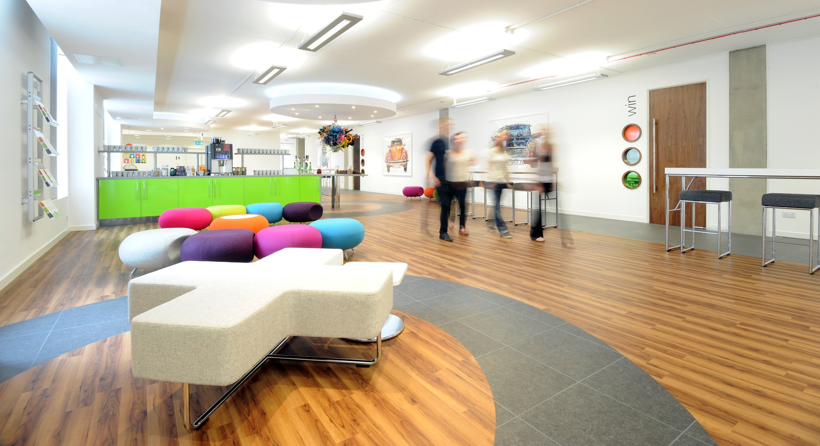 Buzz in thestudio Manchester: vibrant event space with colorful seating for networking.