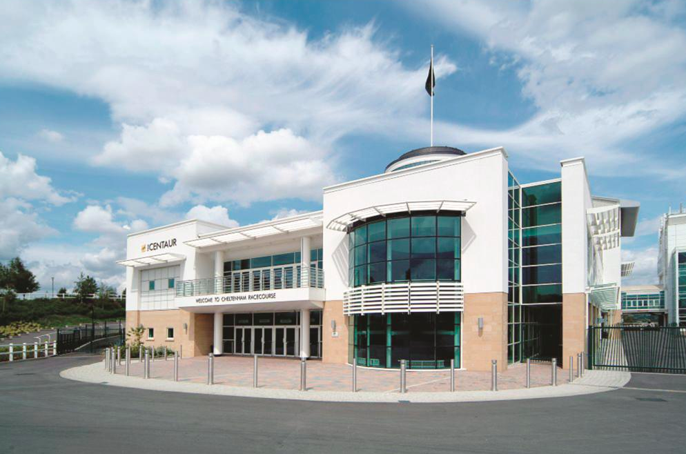The Centaur at Cheltenham Racecourse: modern venue with glass windows for events.
