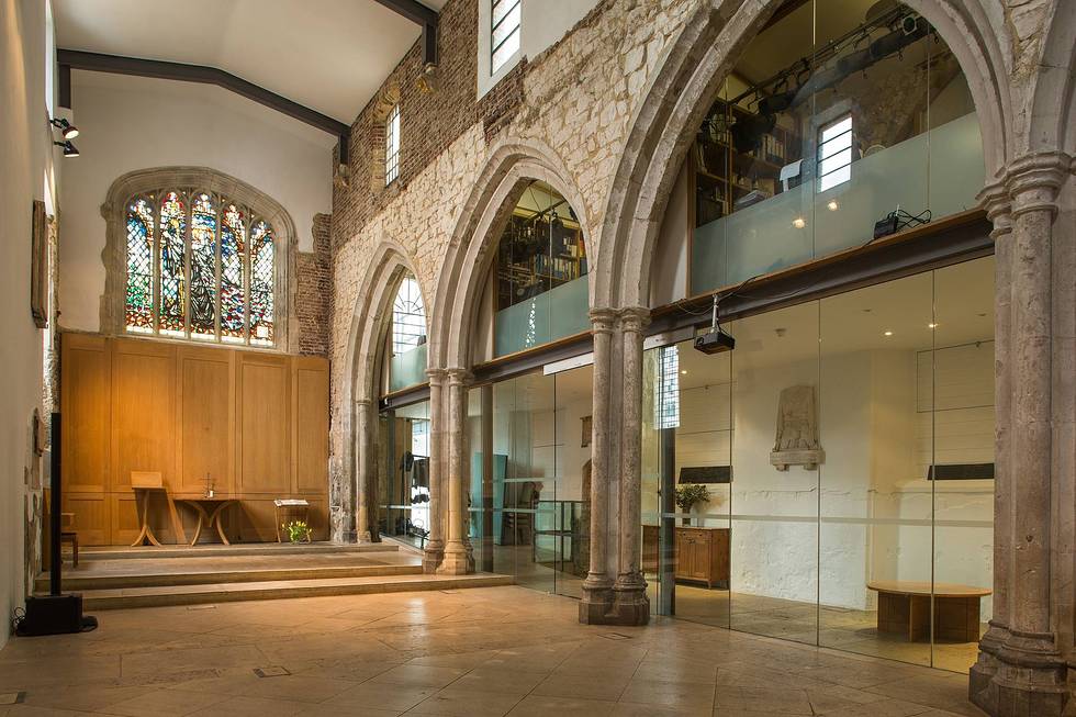 Event space in Seventy Eight Bishopsgate with stunning stained glass window and modern design.