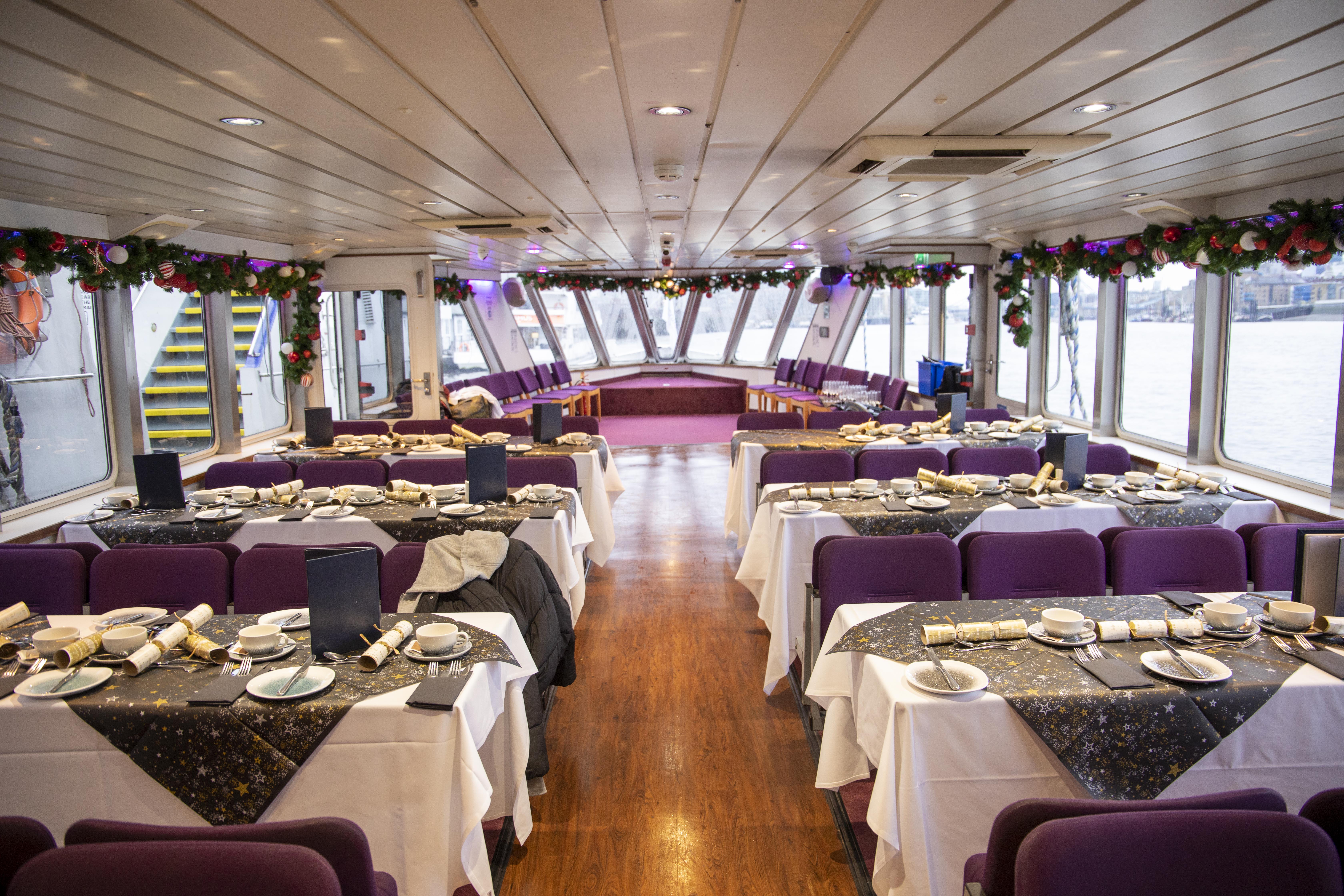 MV Mayflower Garden event space with elegant tables for waterfront gatherings and meetings.