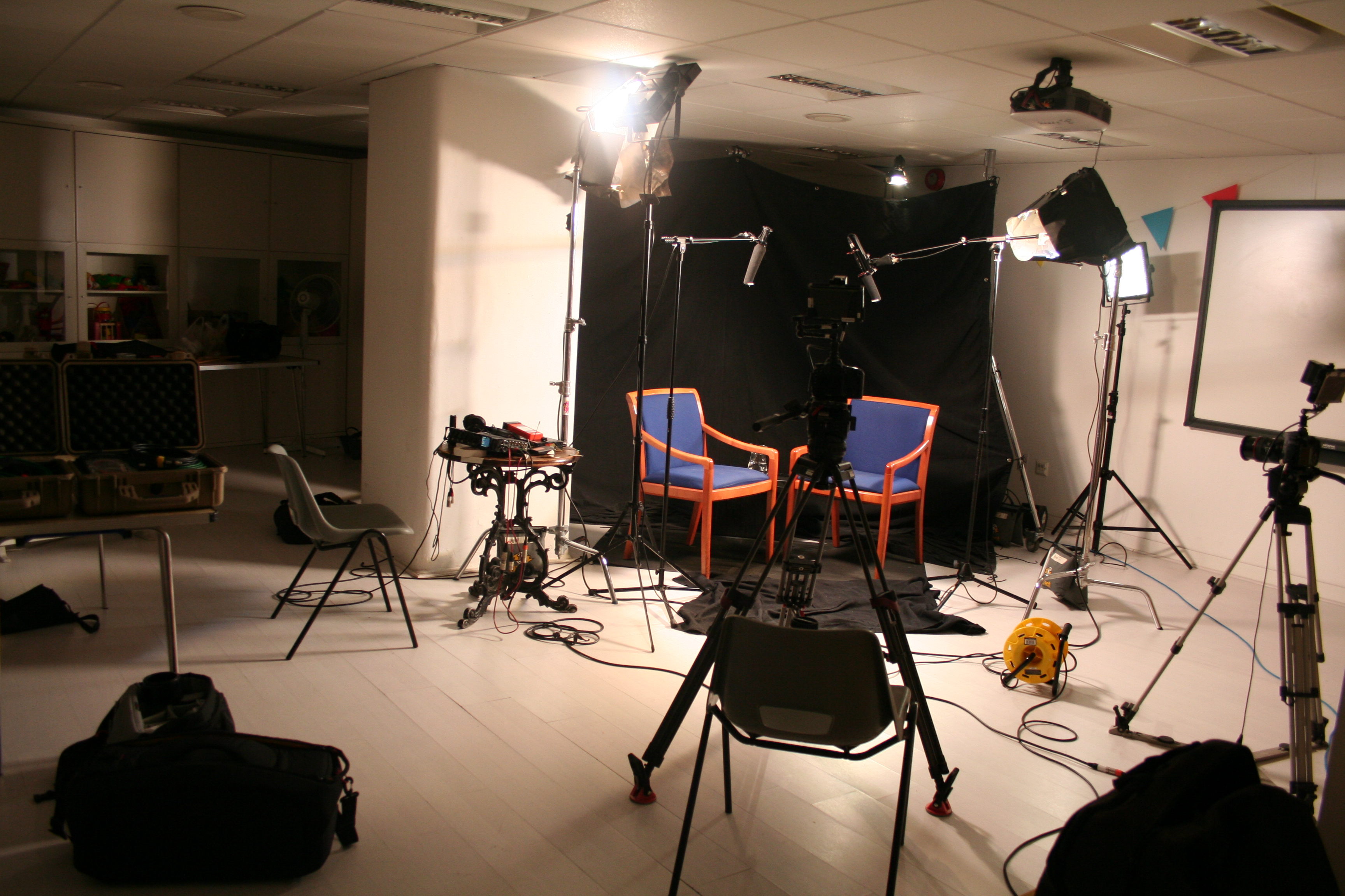 Professional meeting setup in Eastside Shoreditch with chairs and quality production equipment.