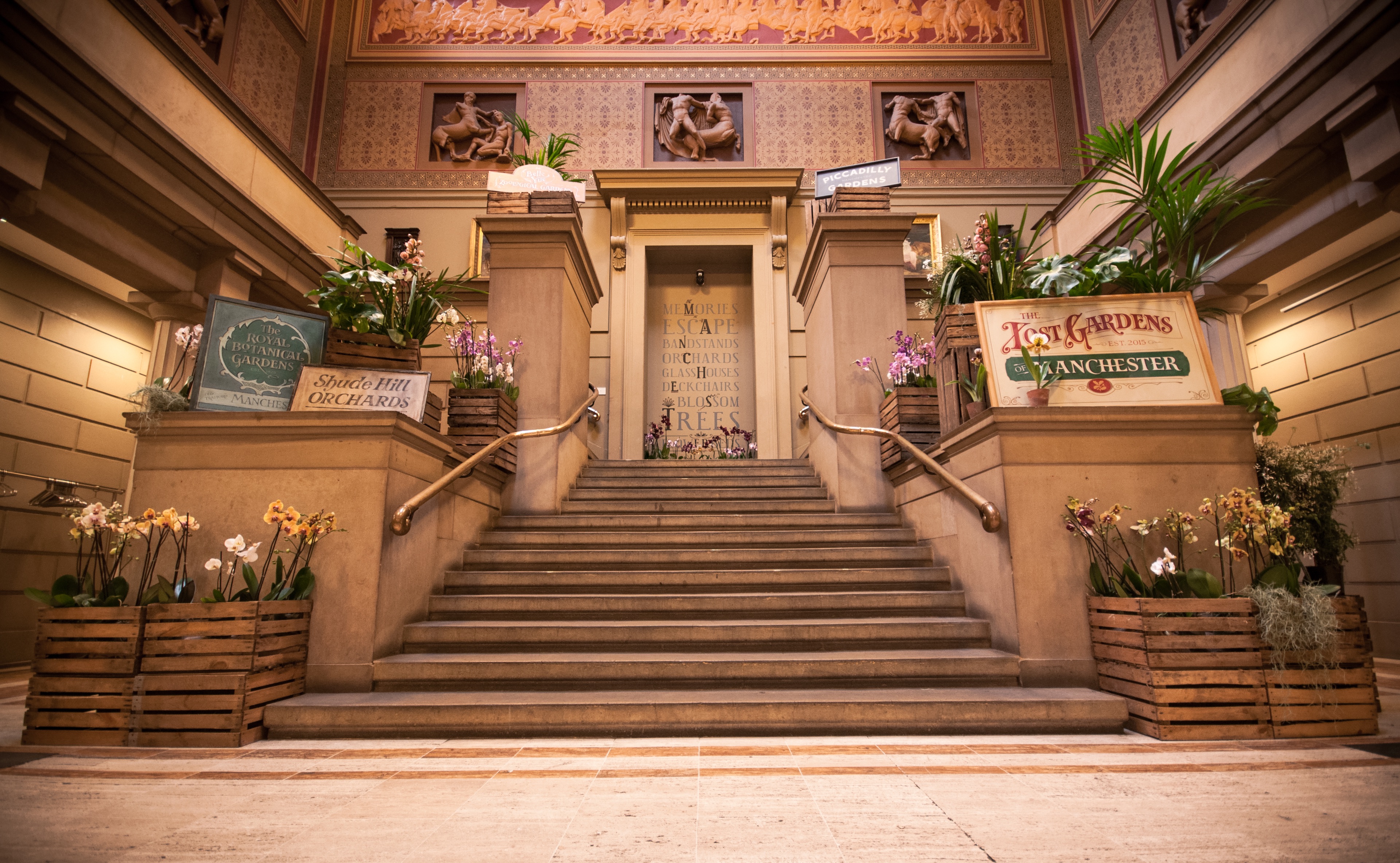Victorian Hall entrance with elegant stairs, perfect for upscale events in Manchester.