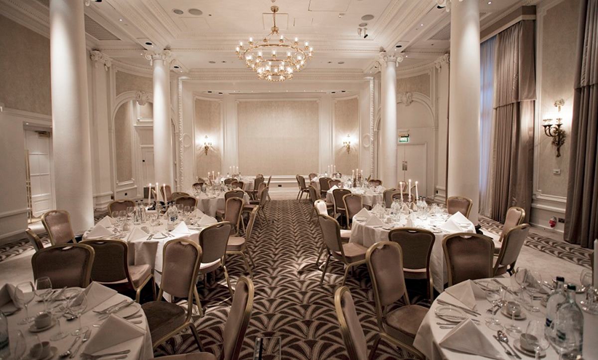 Elegant banquet room in The Adelphi Suite, Waldorf Hilton, ideal for weddings and corporate events.