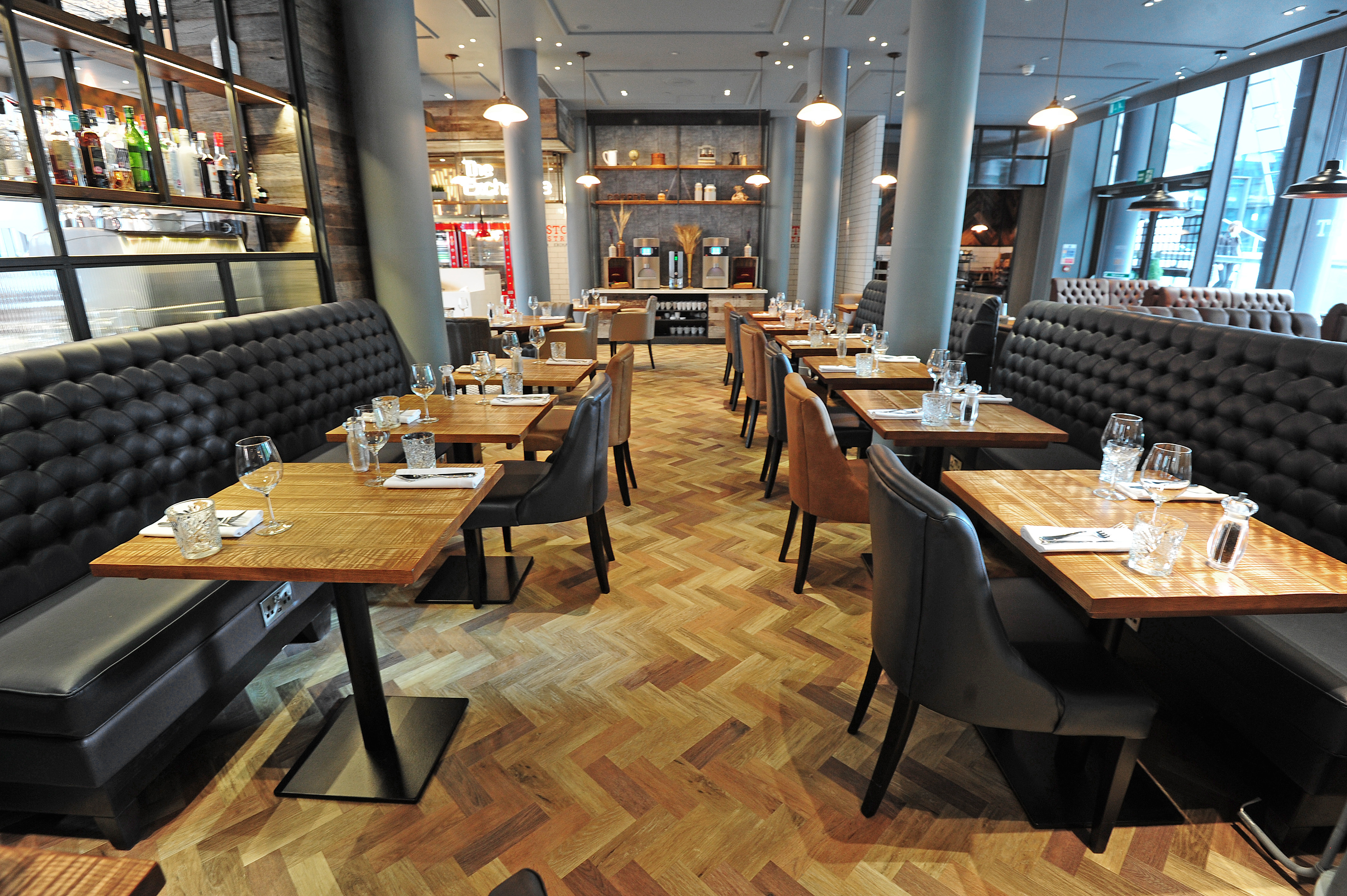 Modern dining space at Store Street Exchange, ideal for events and gatherings in Manchester.