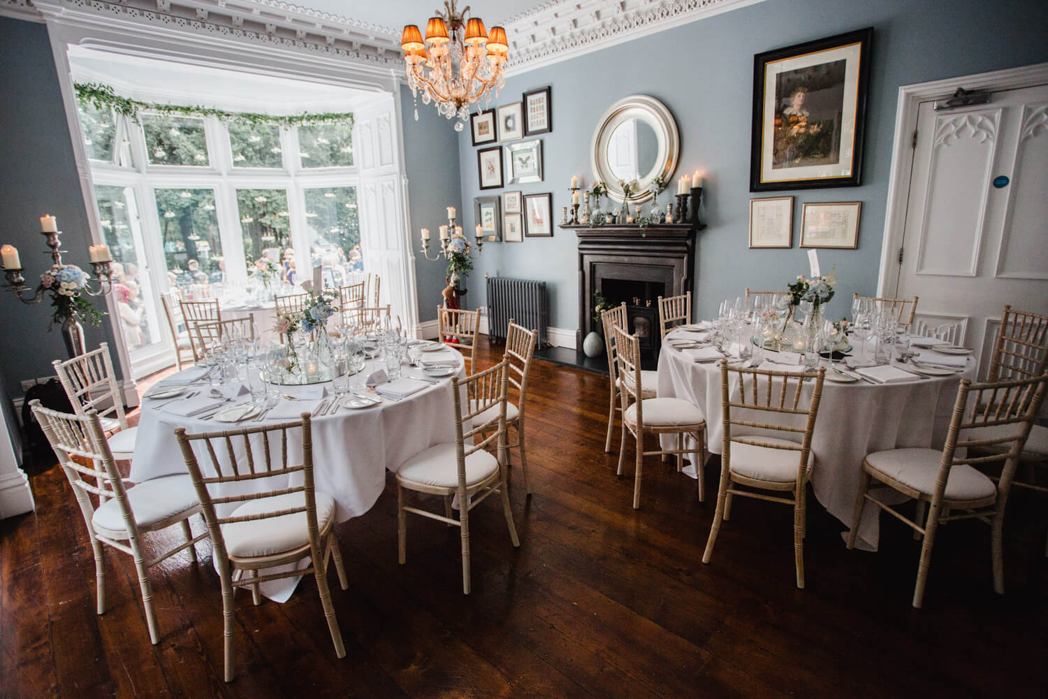 Elegant dining area in Blue Lounge, Didsbury House Hotel for weddings and events.
