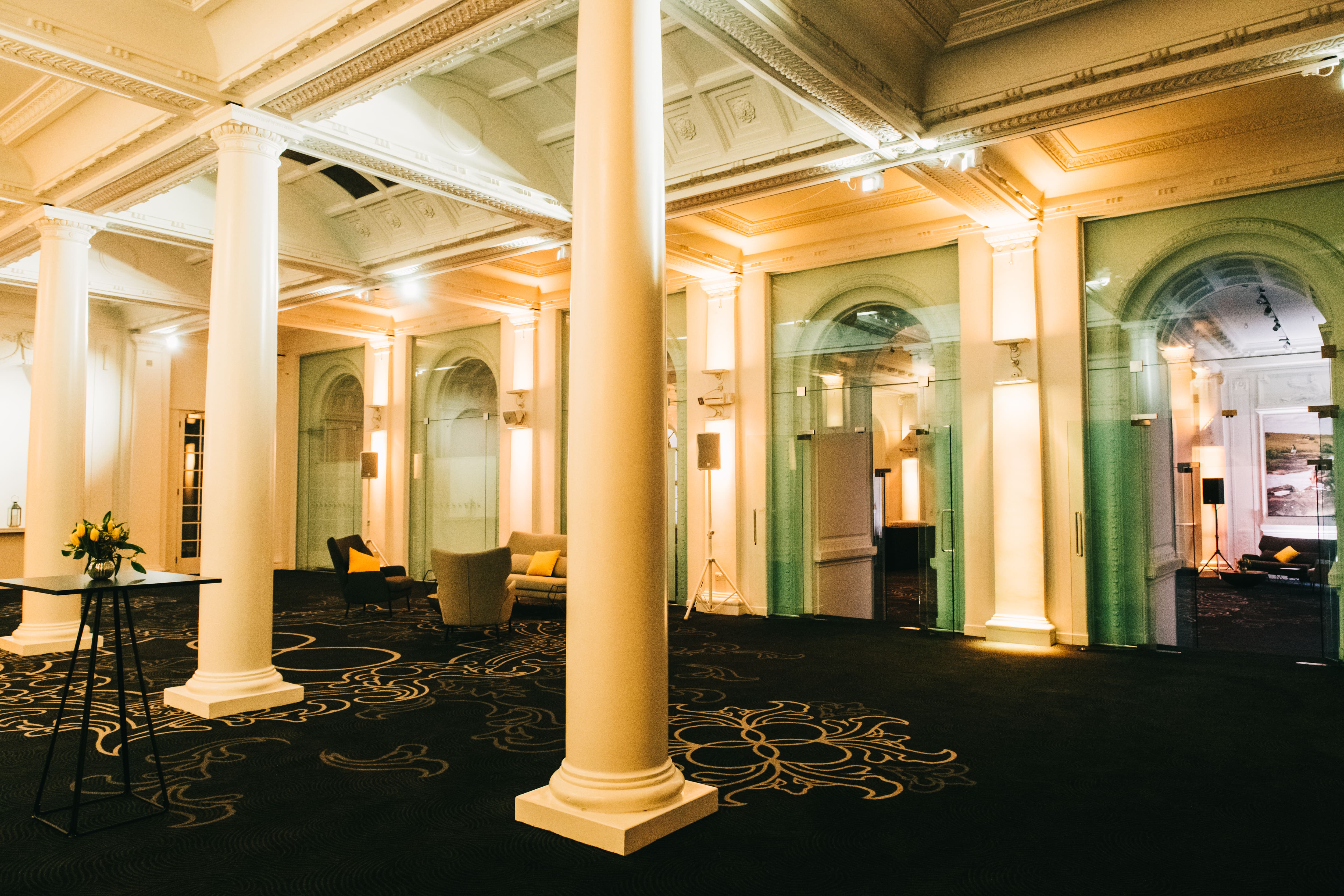 Elegant Old Billiard Room with high ceilings for corporate events and social gatherings.