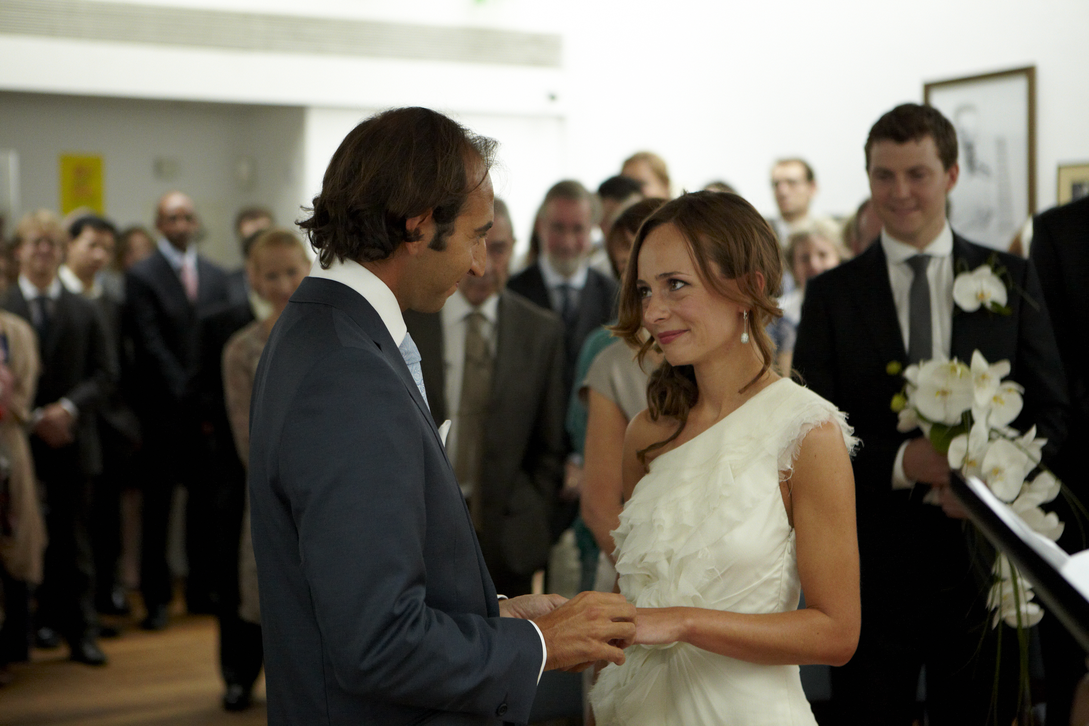 Wedding ceremony in The Linbury Room, Dulwich Picture Gallery, intimate ambiance.