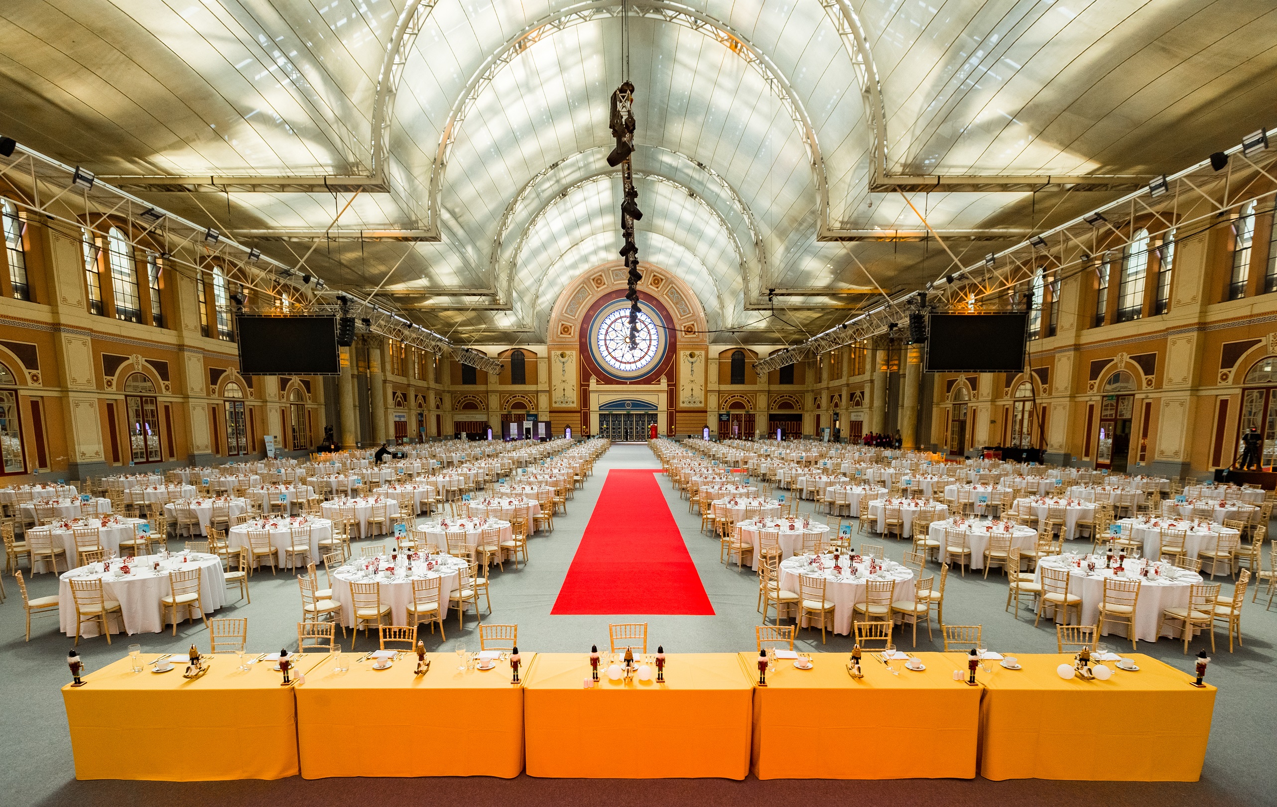 Great Hall at Alexandra Palace, elegant banquet setup for corporate events.