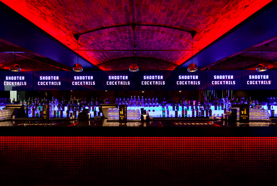 Vibrant Baa Bar venue with LED display for shooter cocktails, ideal for events and gatherings.