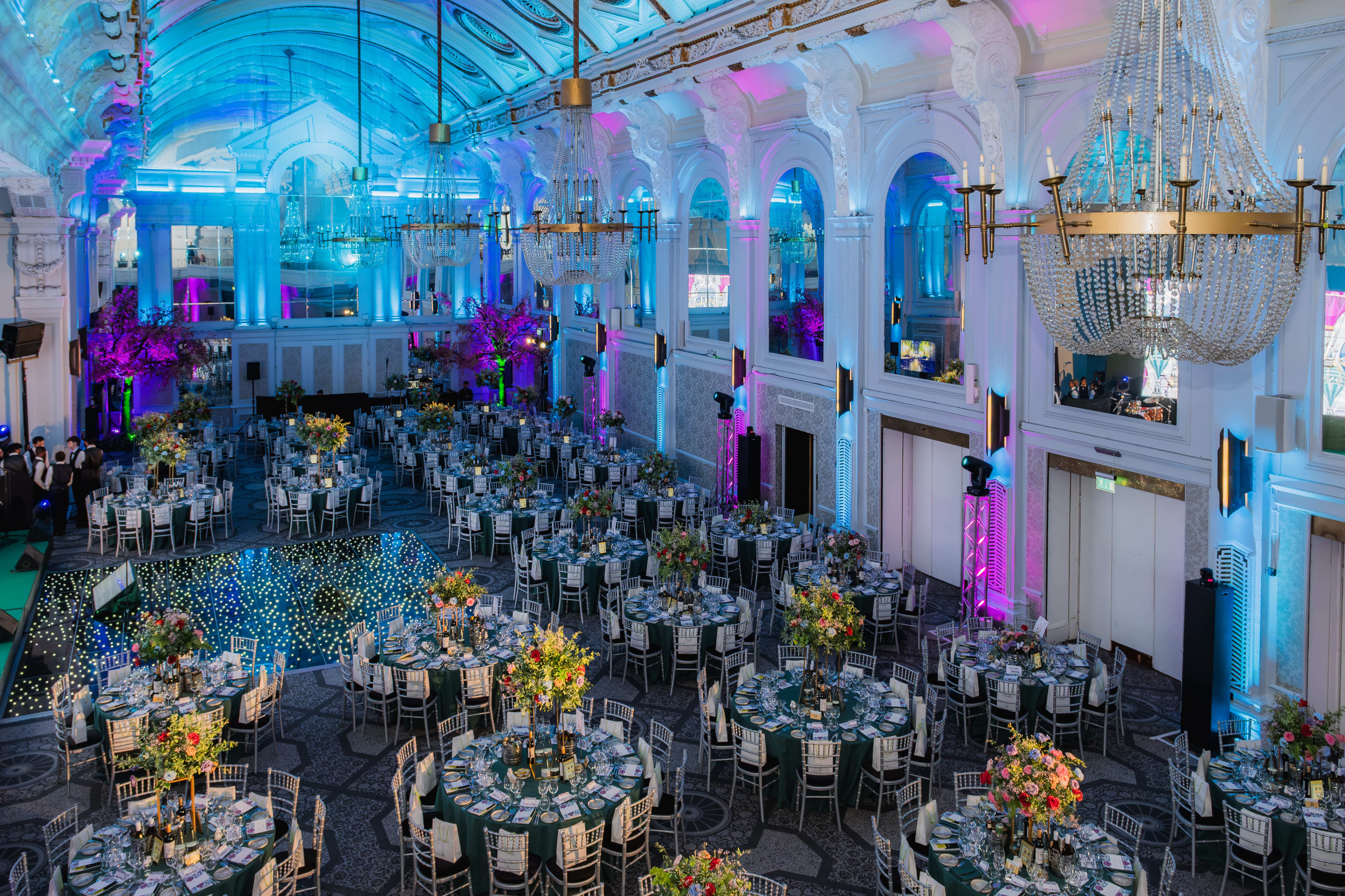 Grand Connaught Rooms gala ballroom with LED lighting for corporate and social events.