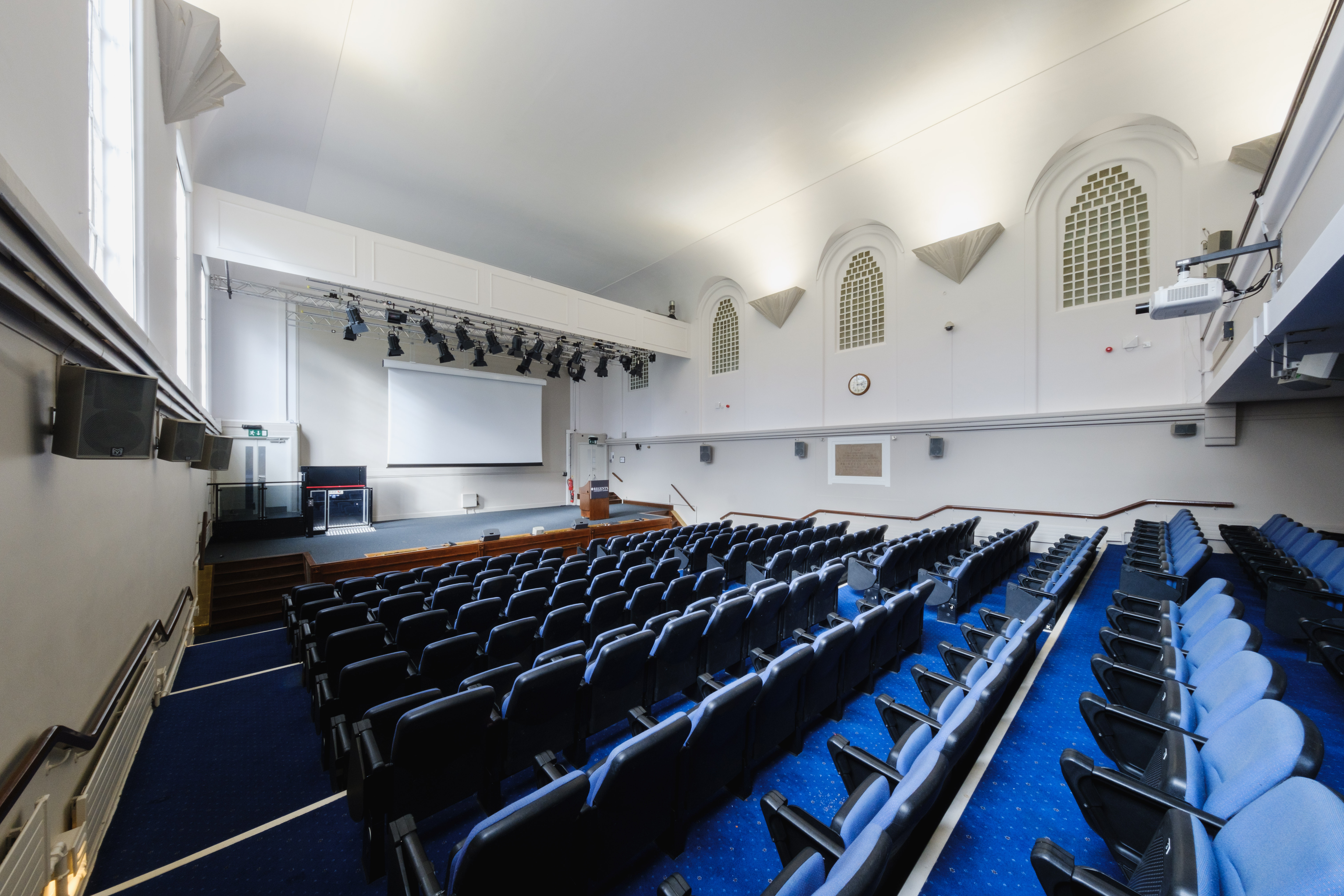 Tuke Hall auditorium with tiered seating for meetings and events in Regent's Events.