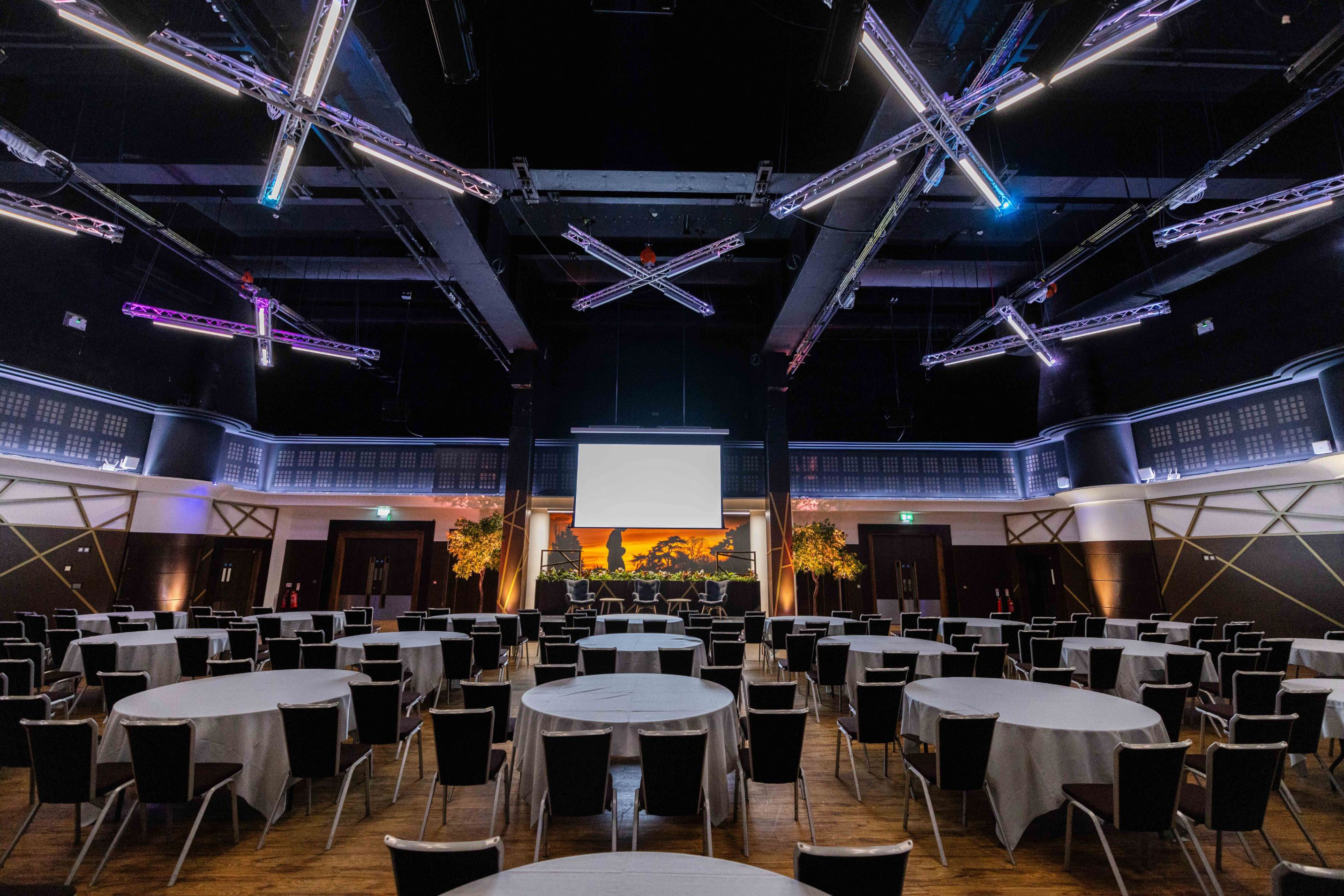 Live Room at Allianz Stadium, Twickenham: elegant conference venue with round tables.