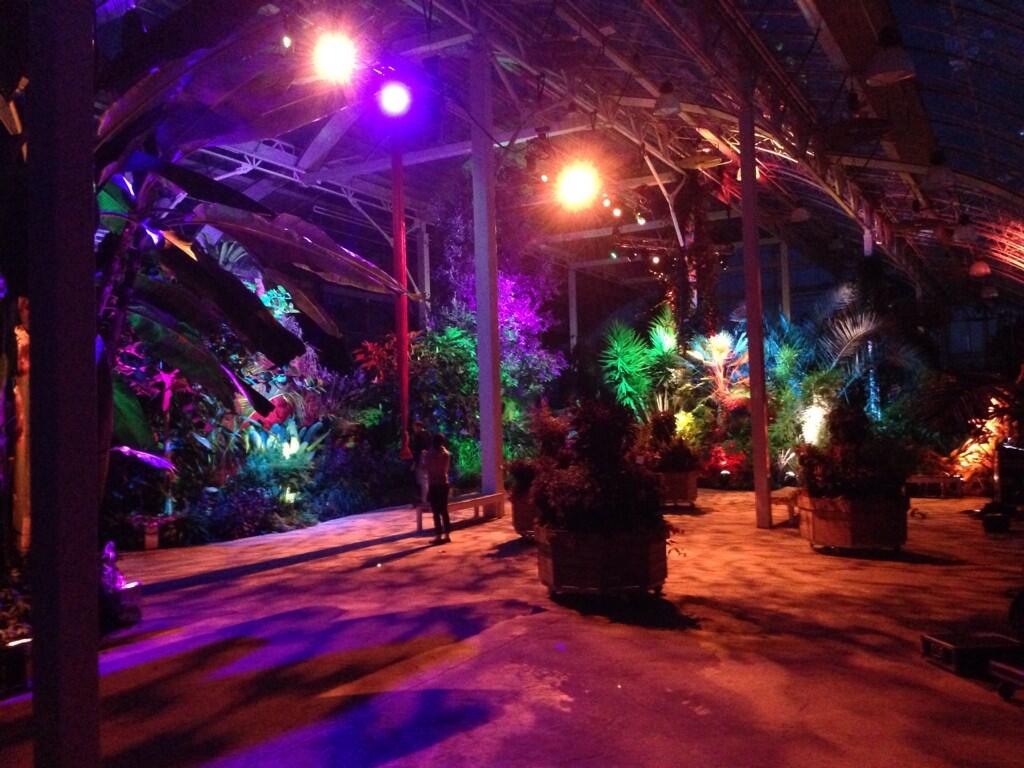Glasshouse at RHS Garden Wisley, vibrant event space with colorful lighting for gatherings.