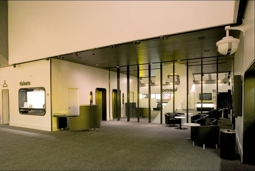 Modern lobby of Cinema 1 at Barbican Centre, ideal for events and networking.
