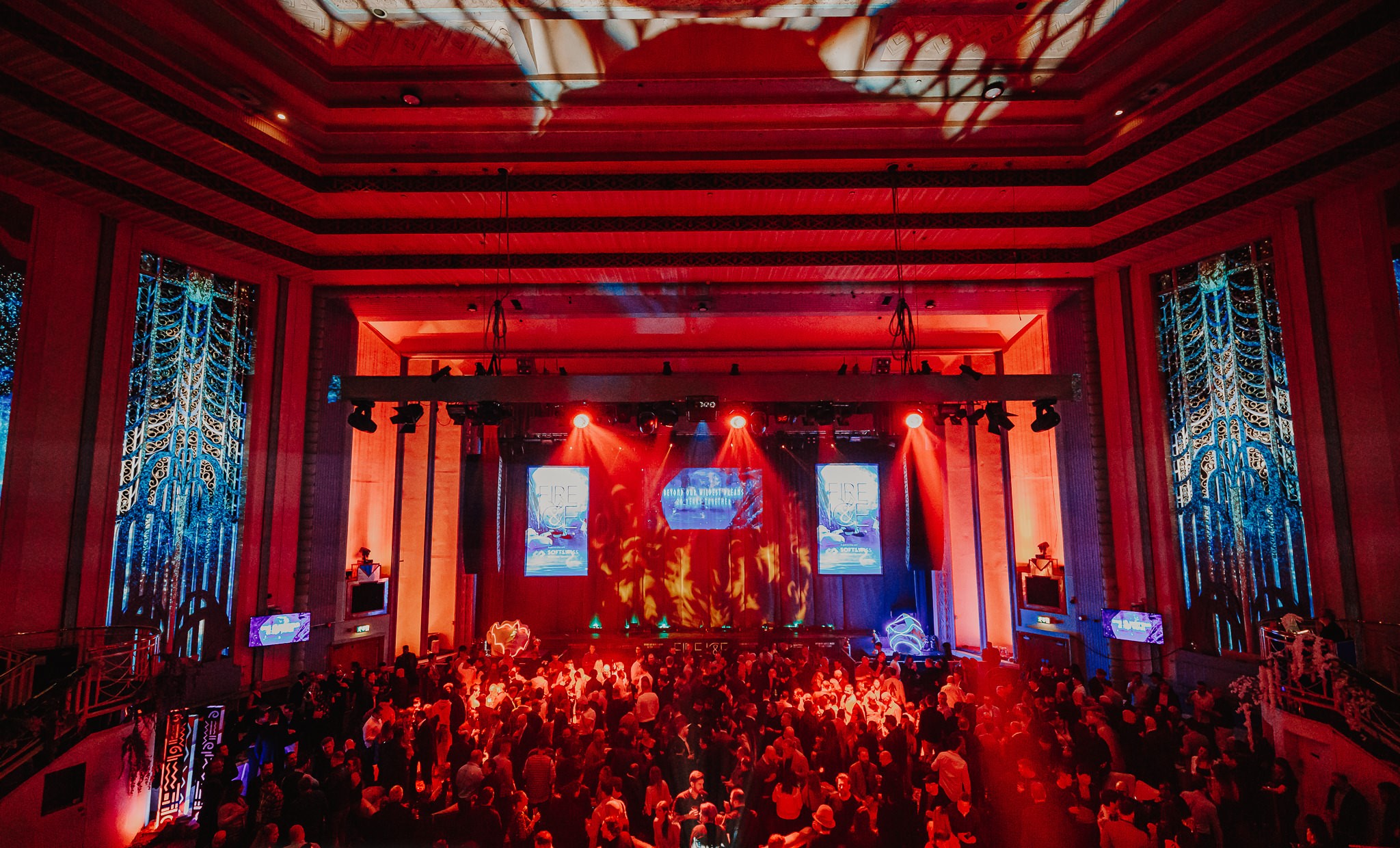"Christmas party at Troxy with vibrant lighting and dynamic atmosphere."