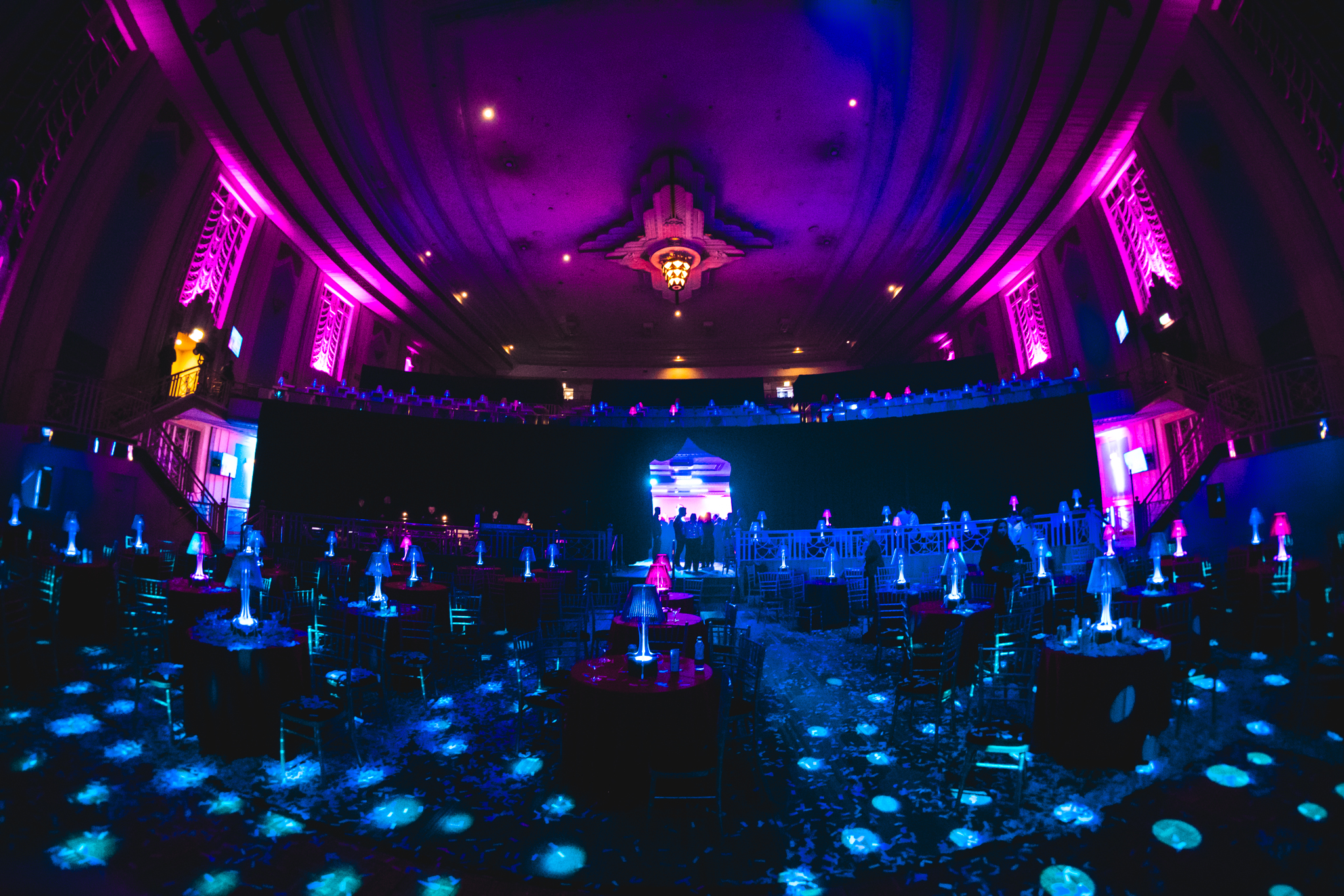 Christmas party at Troxy with elegant purple lighting and a stylish dance floor.