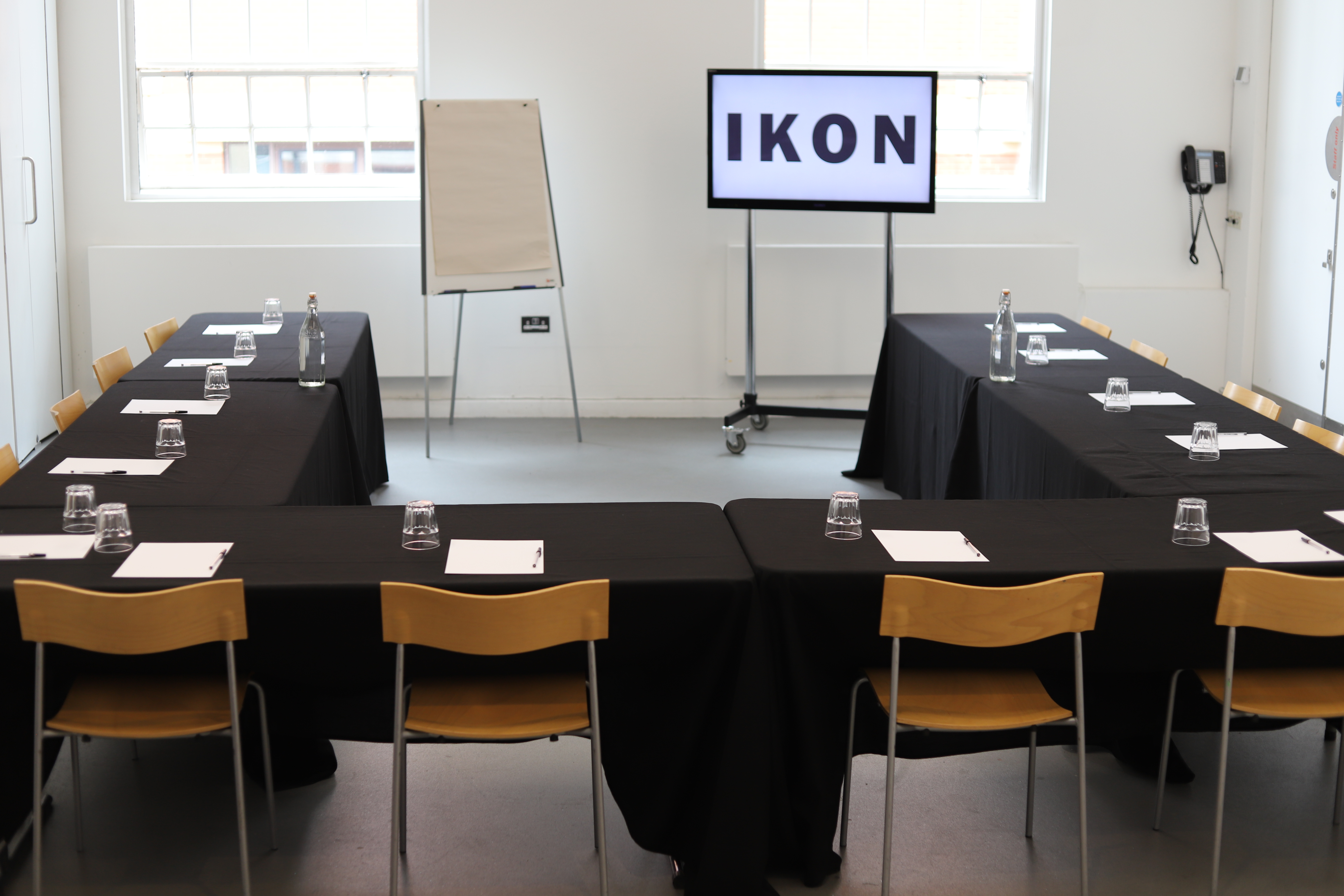 Events Room at Ikon Gallery, U-shaped tables for professional meetings and workshops.