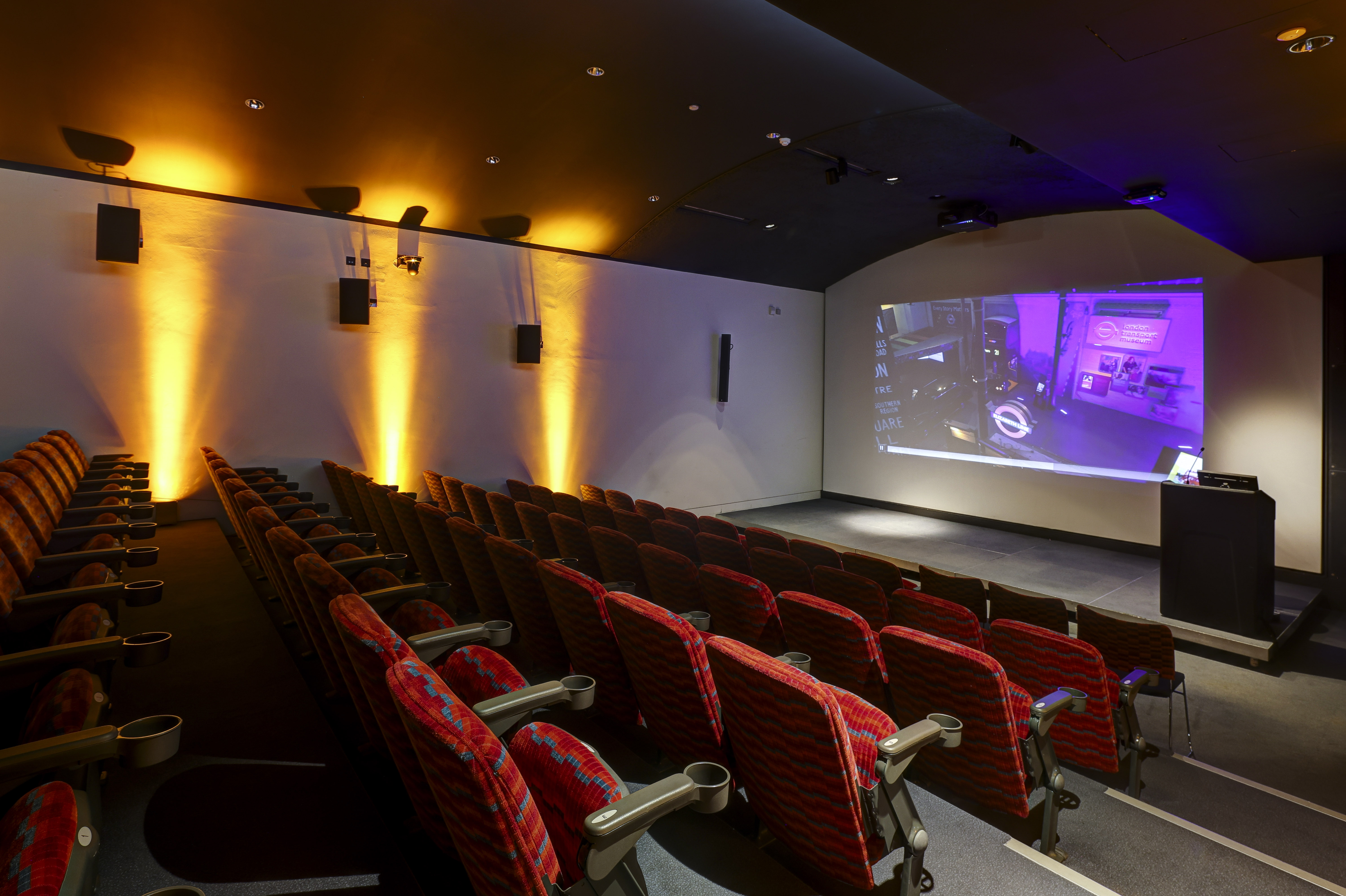 Cubic Theatre at London Transport Museum with tiered seating for corporate events and screenings.