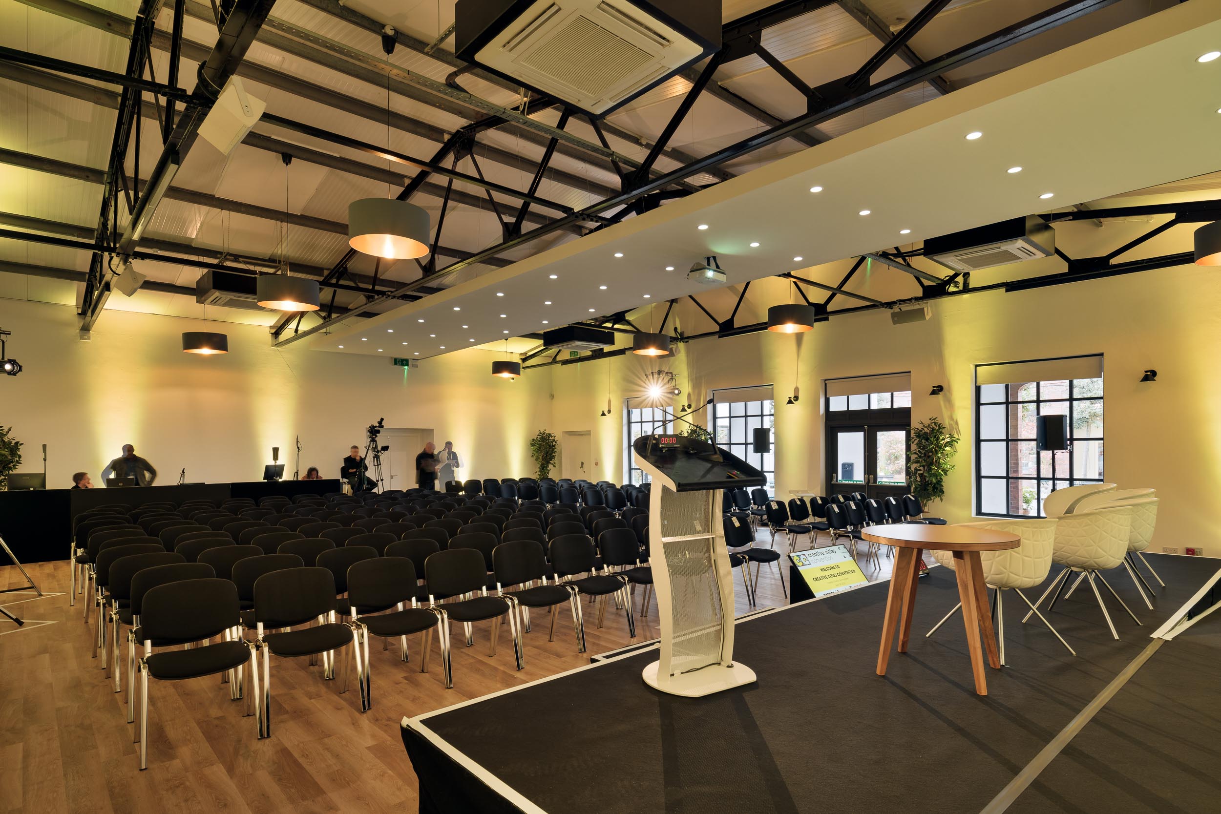 Fazeley Room event space with stage setup, ideal for conferences and presentations.