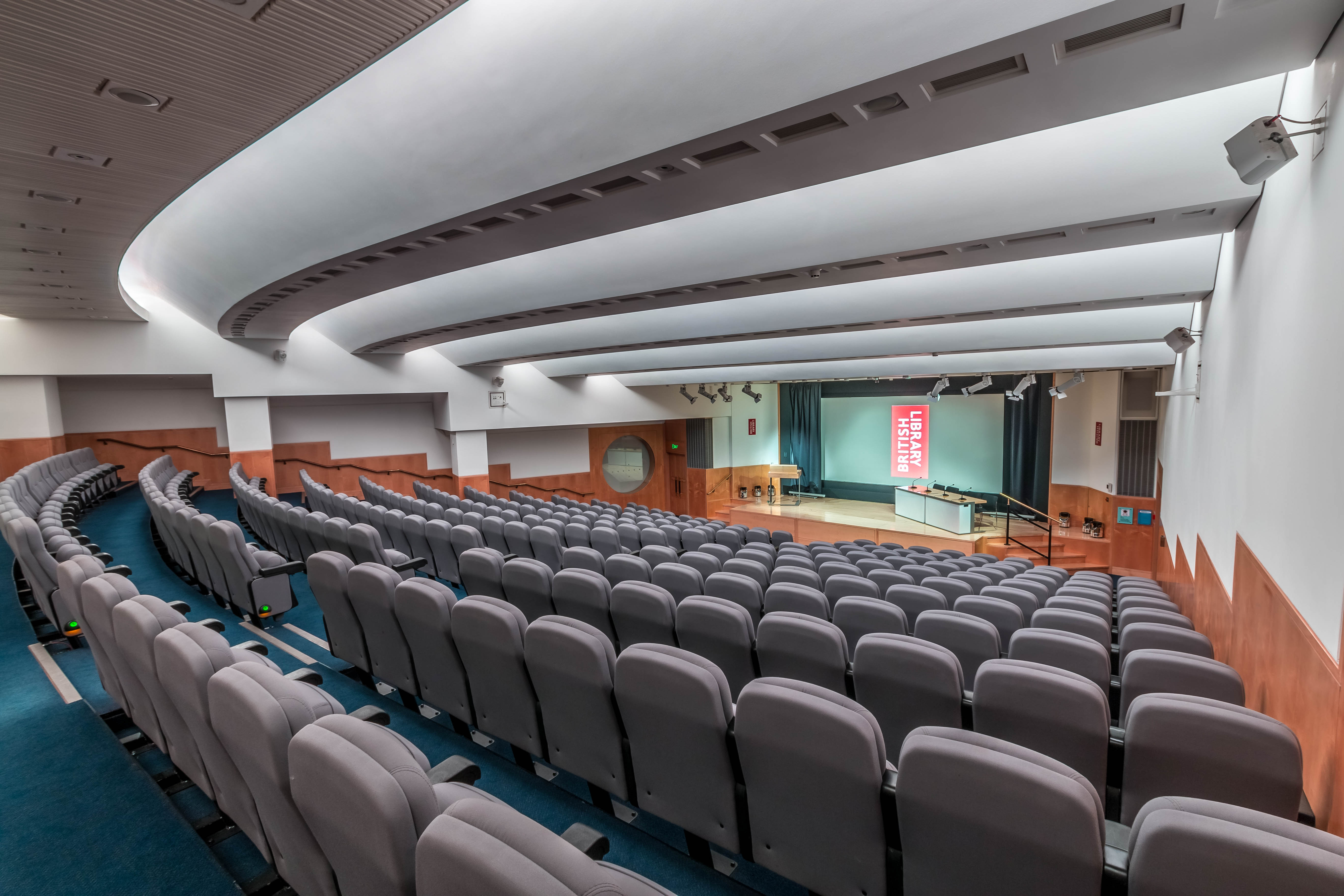 Pigott Theatre auditorium with tiered seating for conferences and events in British Library.