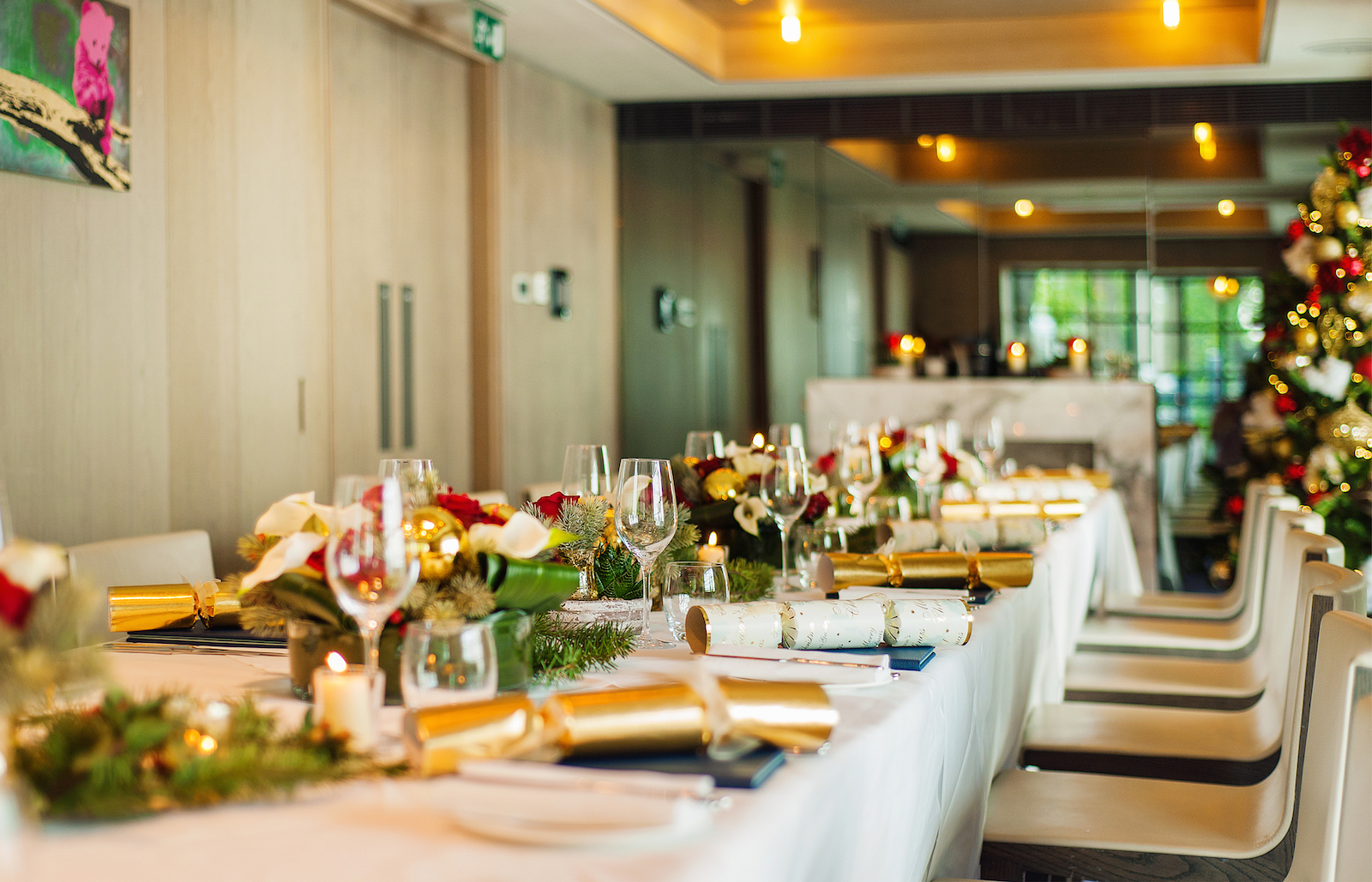 Elegant dining table setup for corporate Christmas parties at The Hari.
