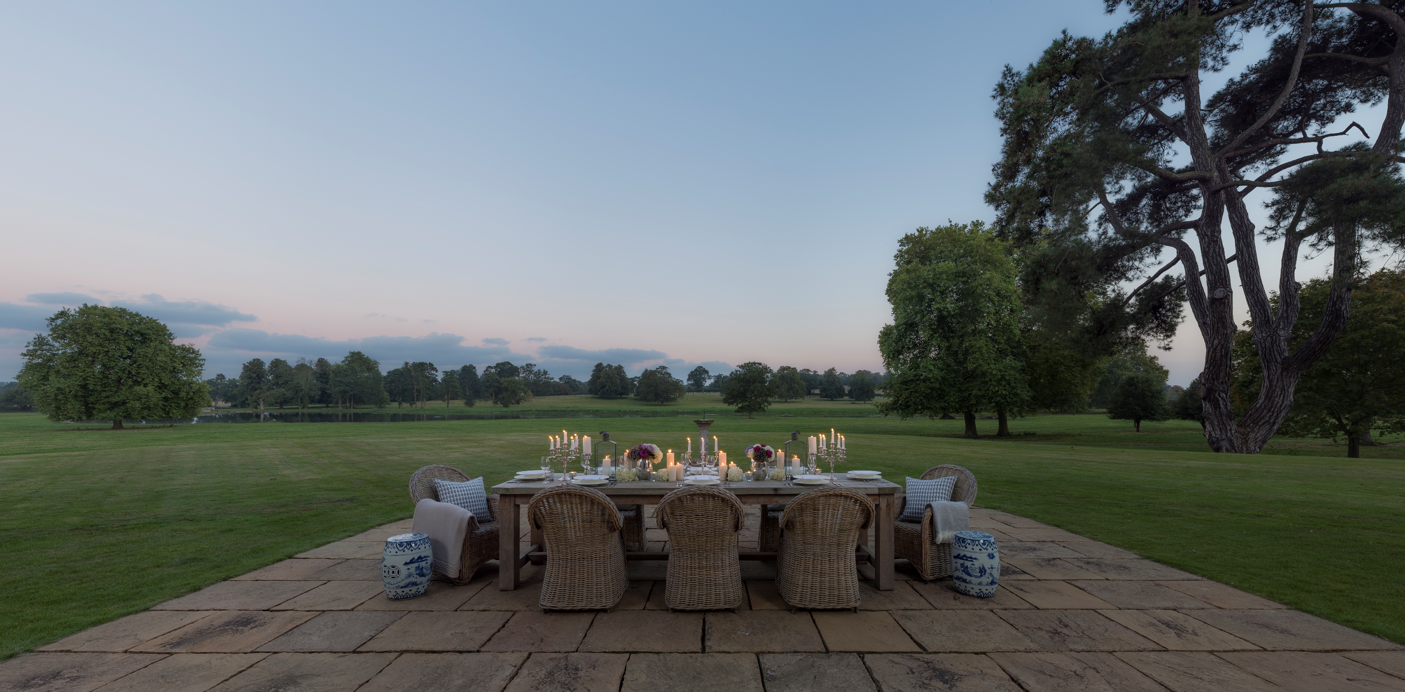 Elegant outdoor dining at Exclusive Use Manor House, perfect for sunset events and celebrations.