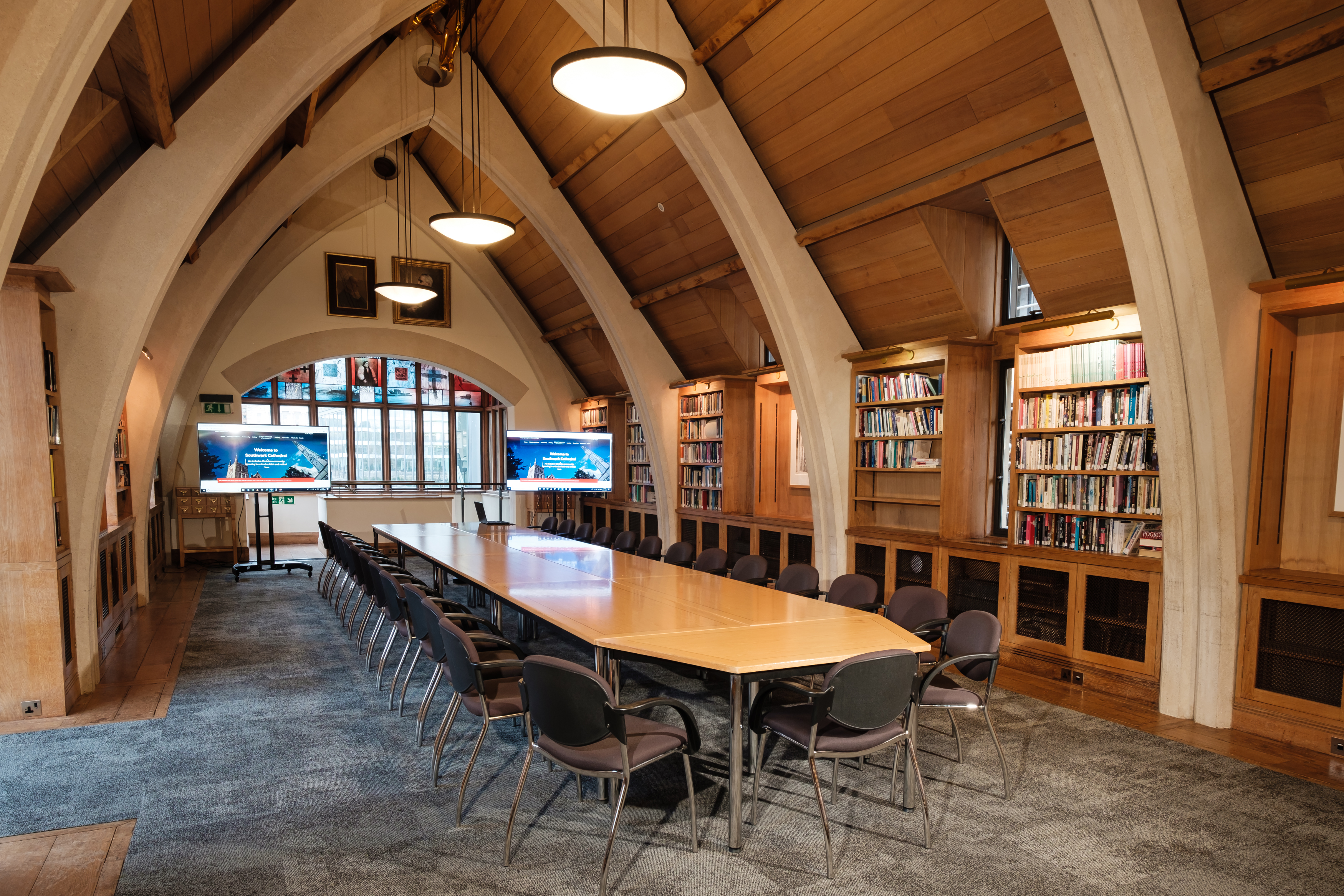 Southwark Cathedral Library meeting room with long table, ideal for workshops and conferences.