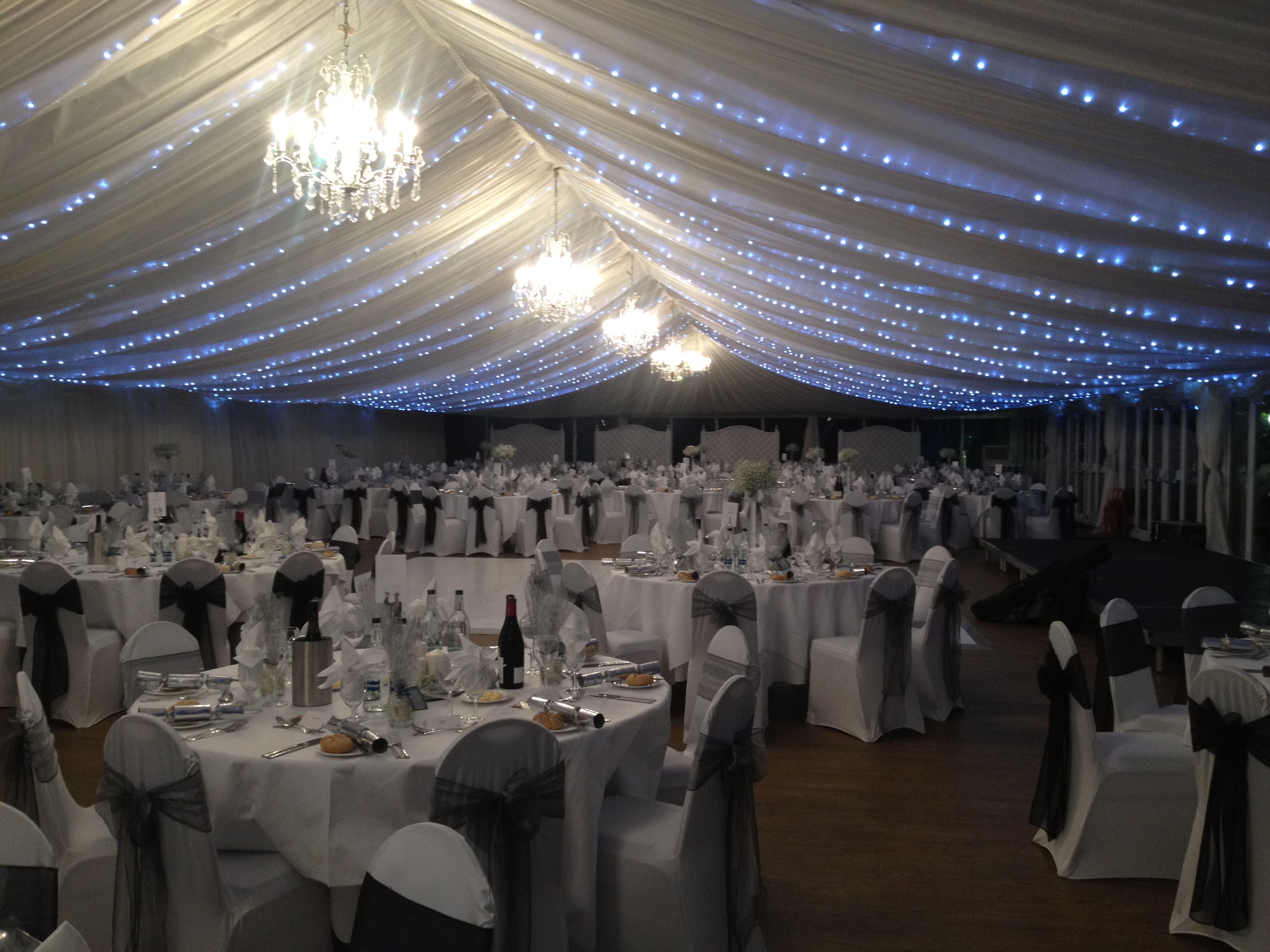 Elegant Pavilion at Quendon Hall, adorned with fairy lights for weddings and events.