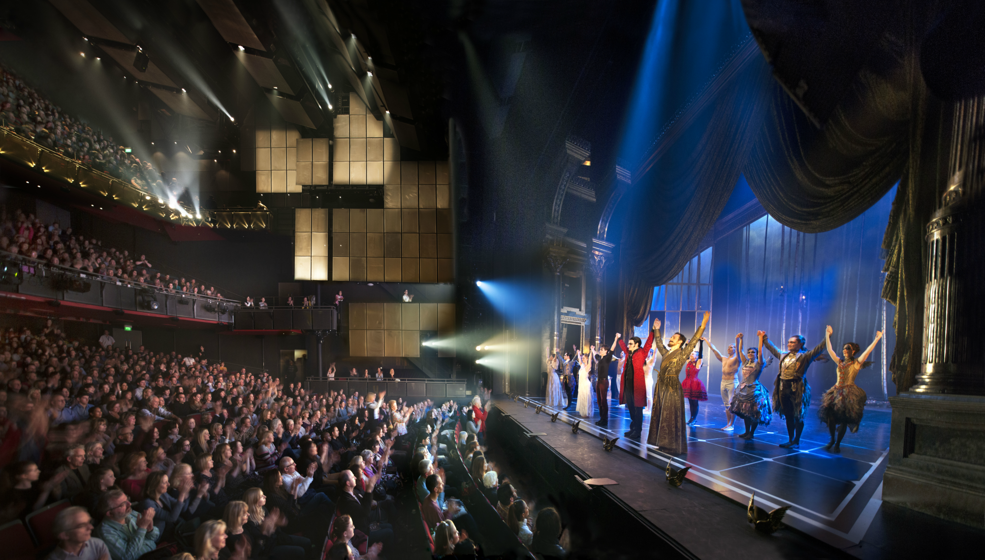 Sadler's Wells Theatre stage with vibrant performance and engaged audience, ideal for events.