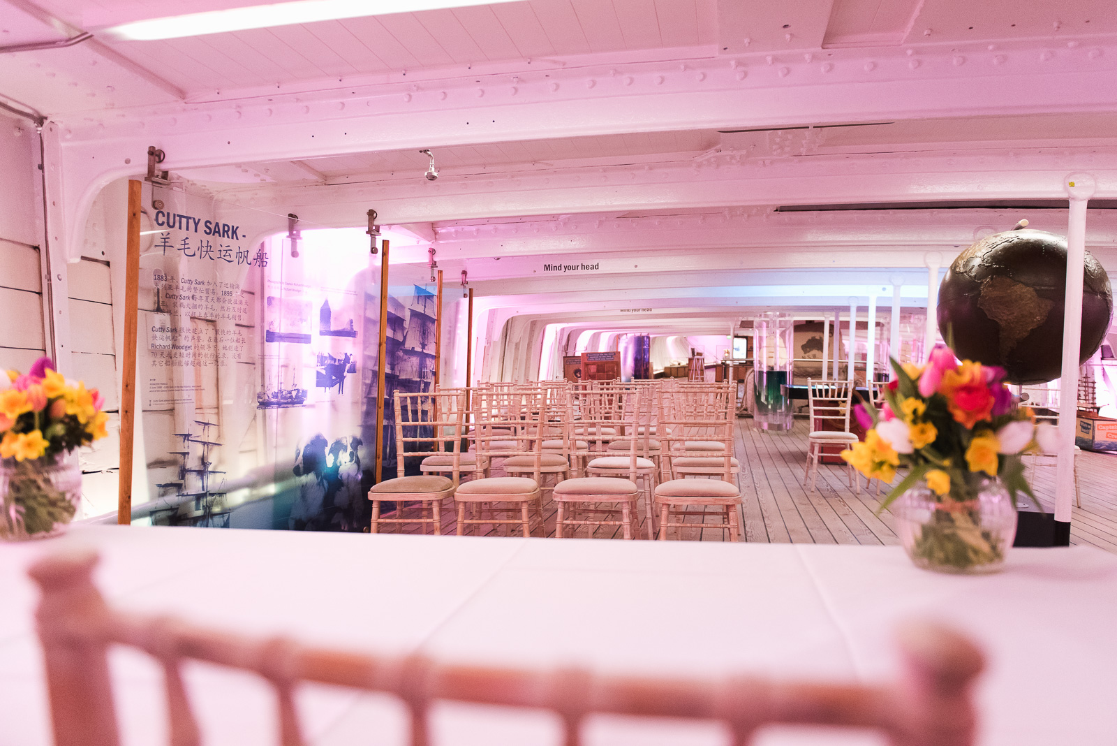 Elegant Tween Deck event space on Cutty Sark, ideal for corporate meetings and special events.