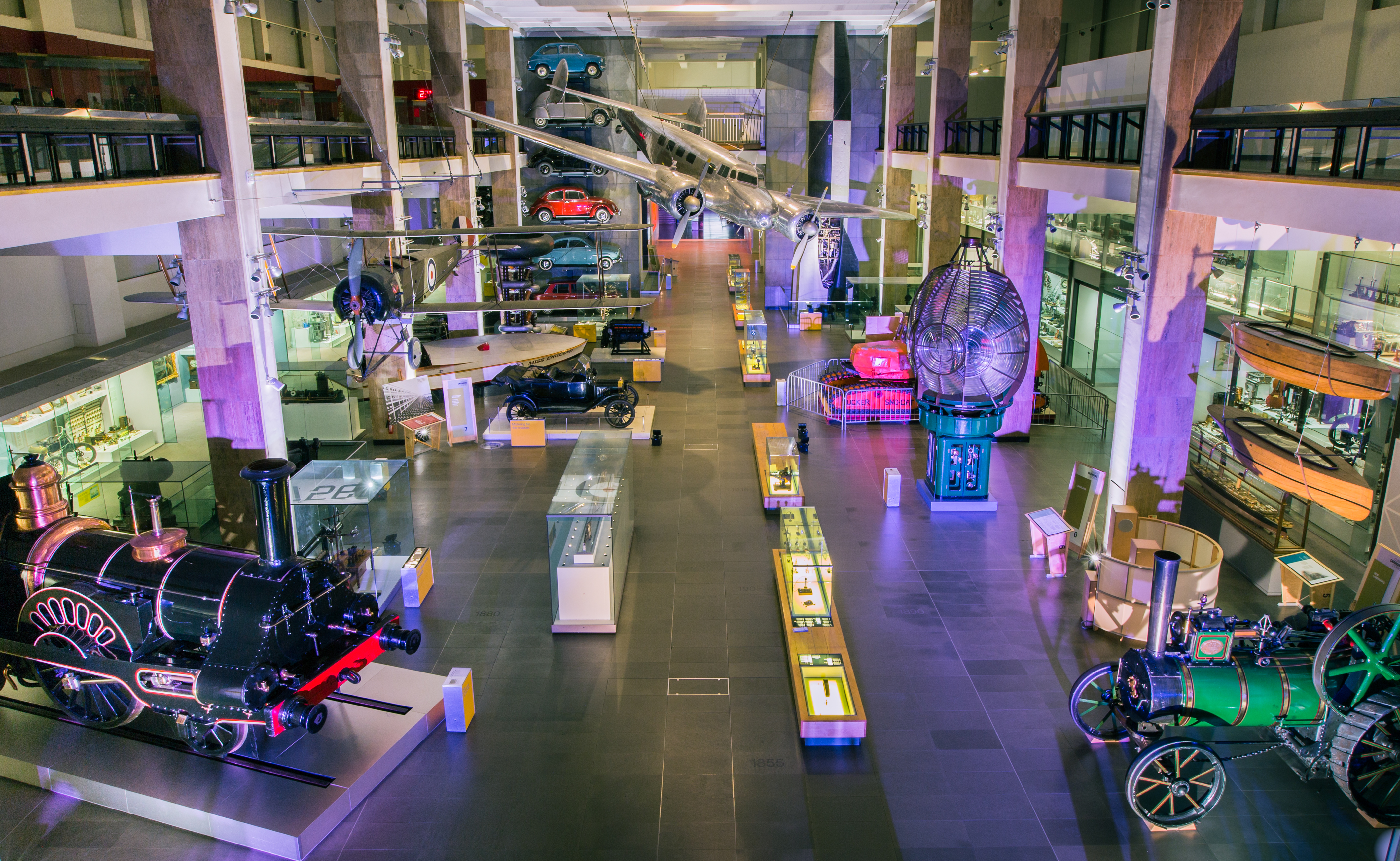 Vintage locomotives in a spacious Science Museum venue for corporate events and receptions.