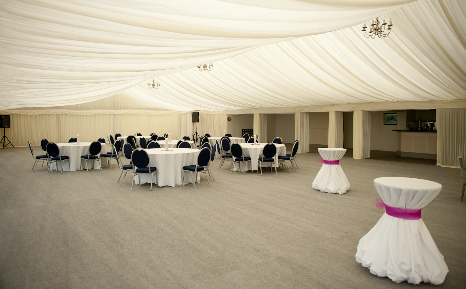 Elegant event space with draped ceiling for weddings and corporate events on Ravens Ait Island.