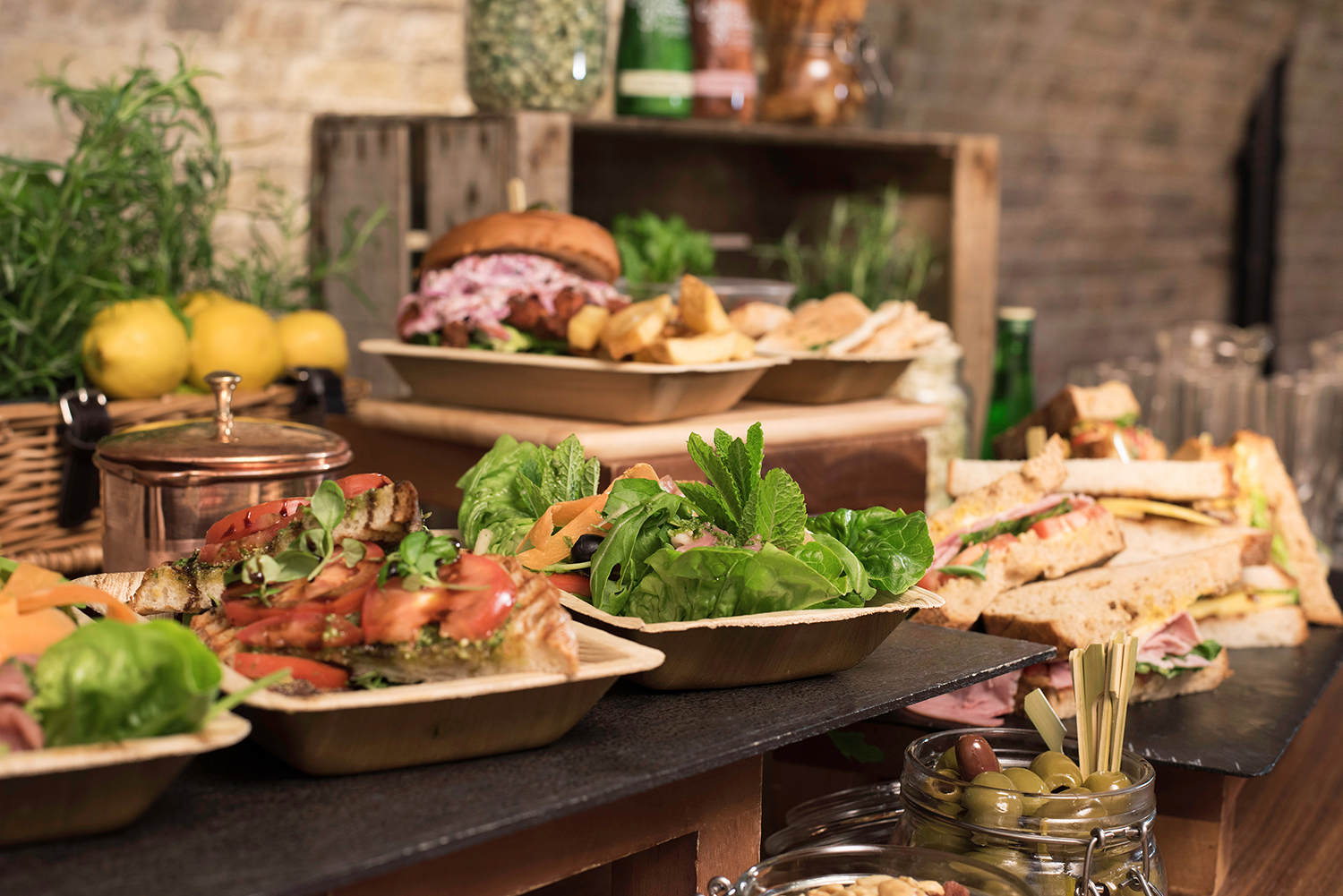 Catering display with fresh dishes for networking events and gatherings.