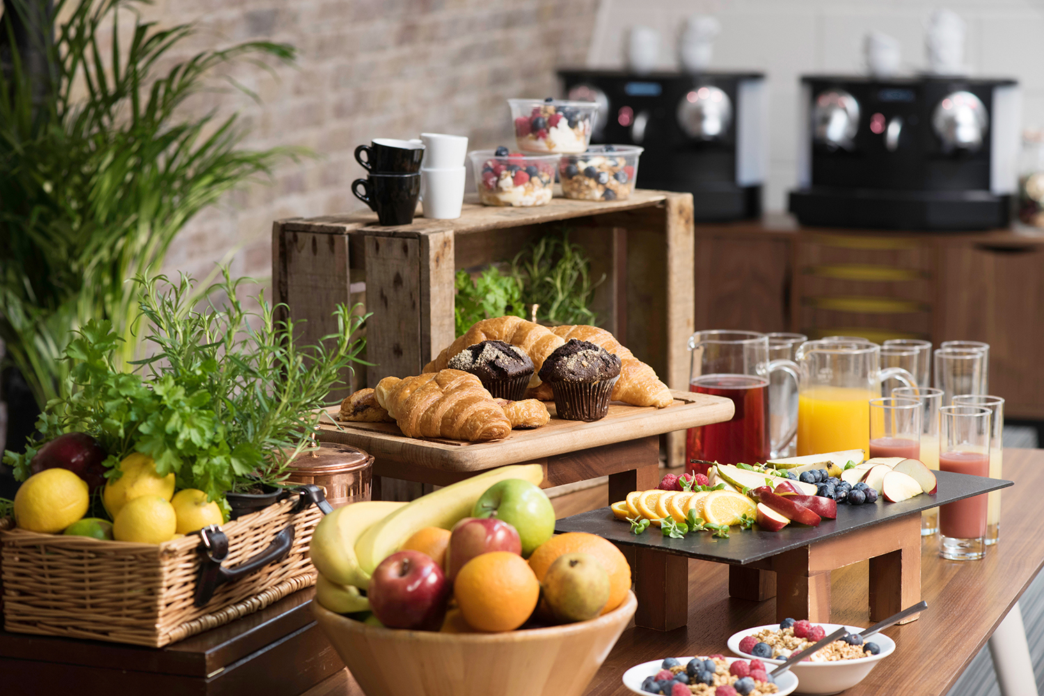 Refreshment station with pastries and fruits for meetings and events at Churchill in The Dock.