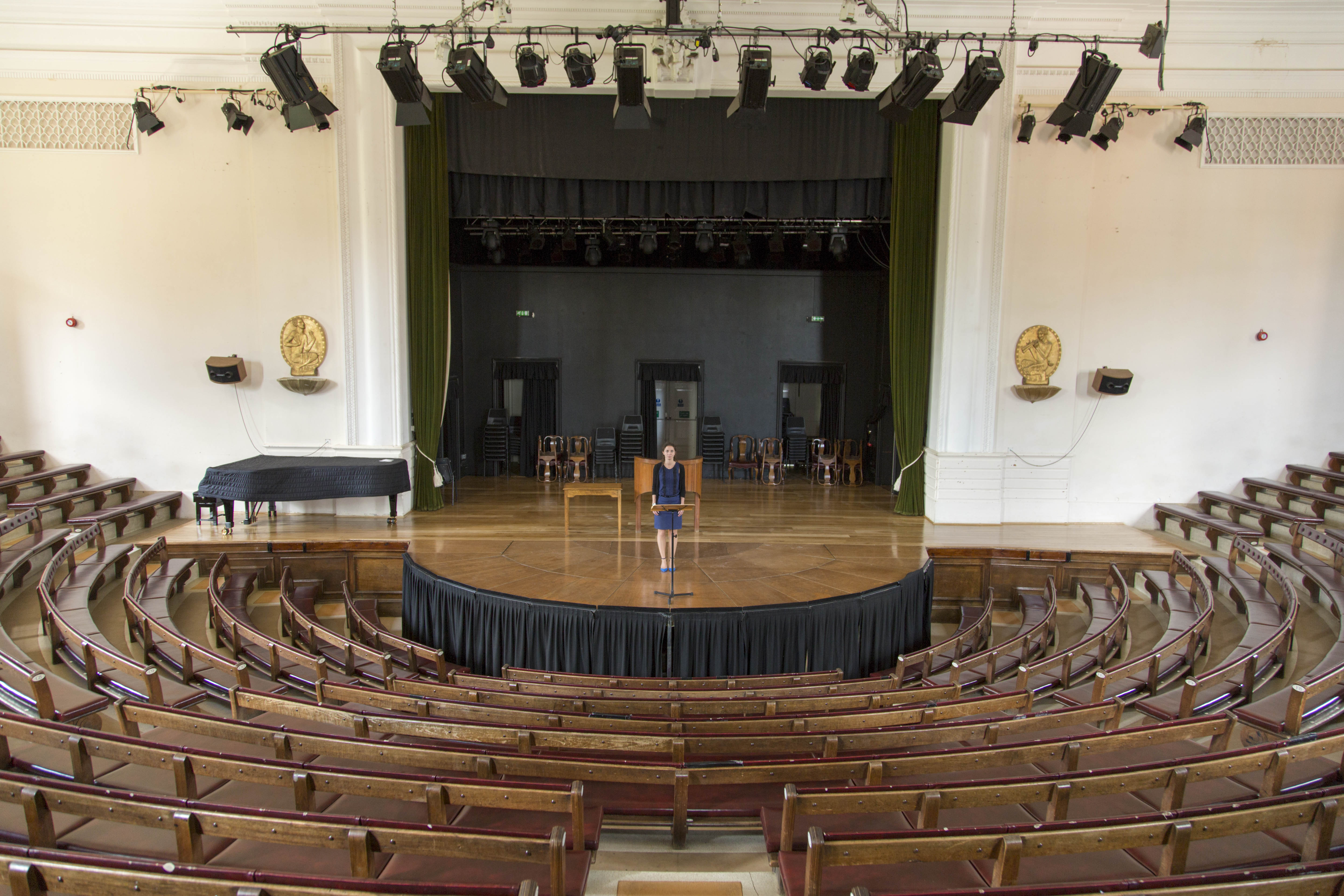 Memorial Hall auditorium with tiered seating, ideal for conferences and presentations.