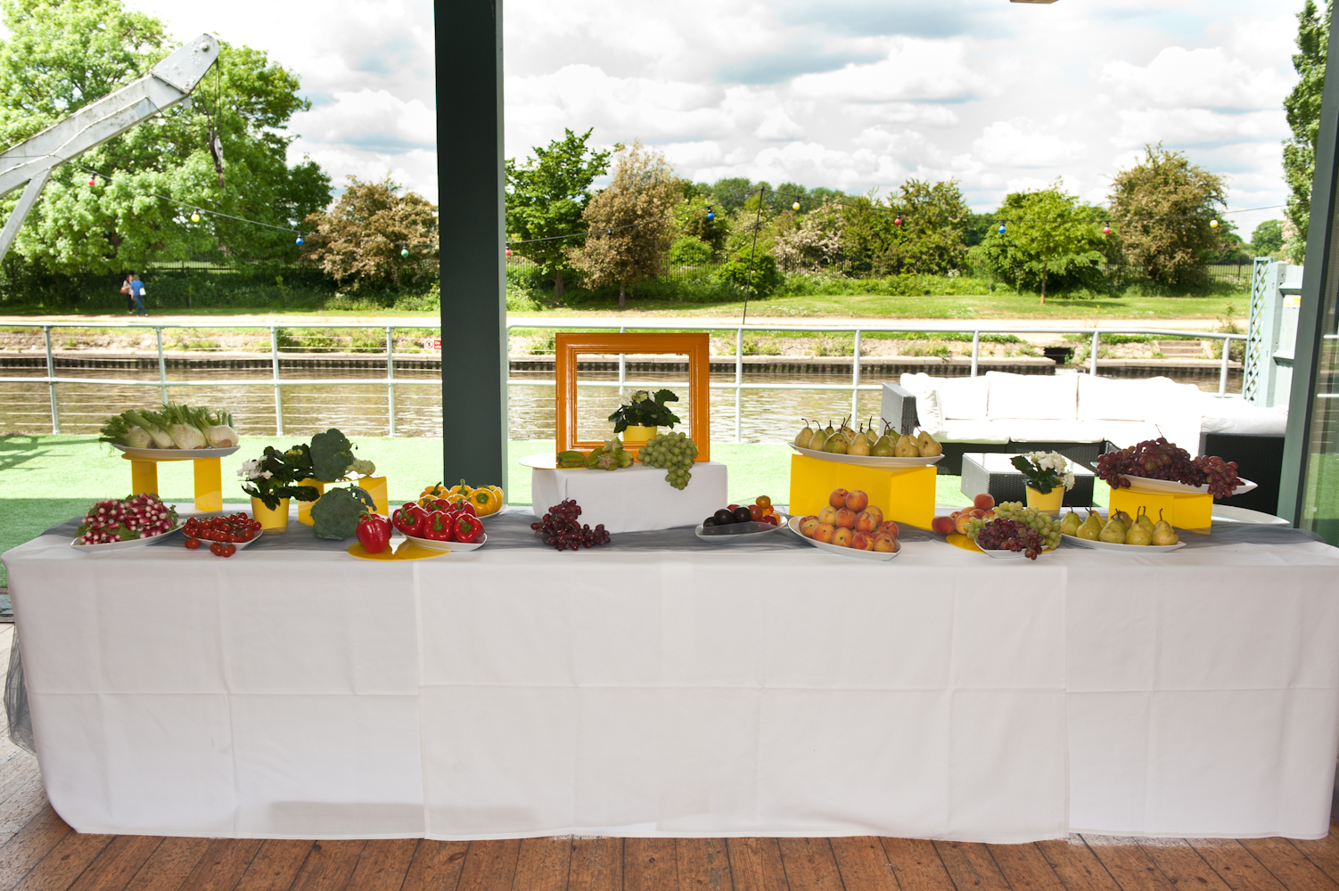 Alt text: Refreshment table with fresh fruits in The Britannia Suite, ideal for outdoor events.