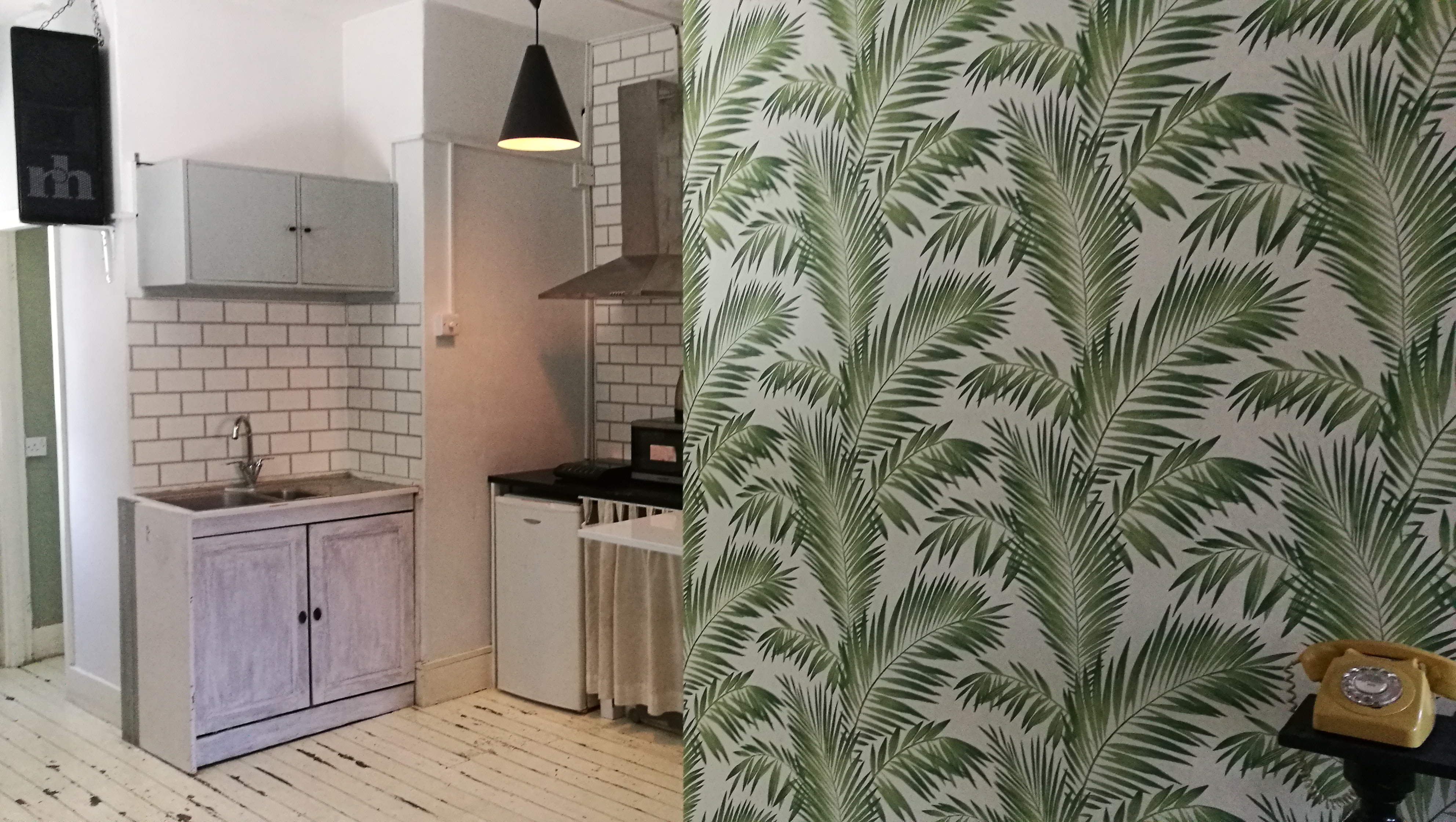 Modern kitchenette with tropical wallpaper in Dalston Popup Loft for networking events.